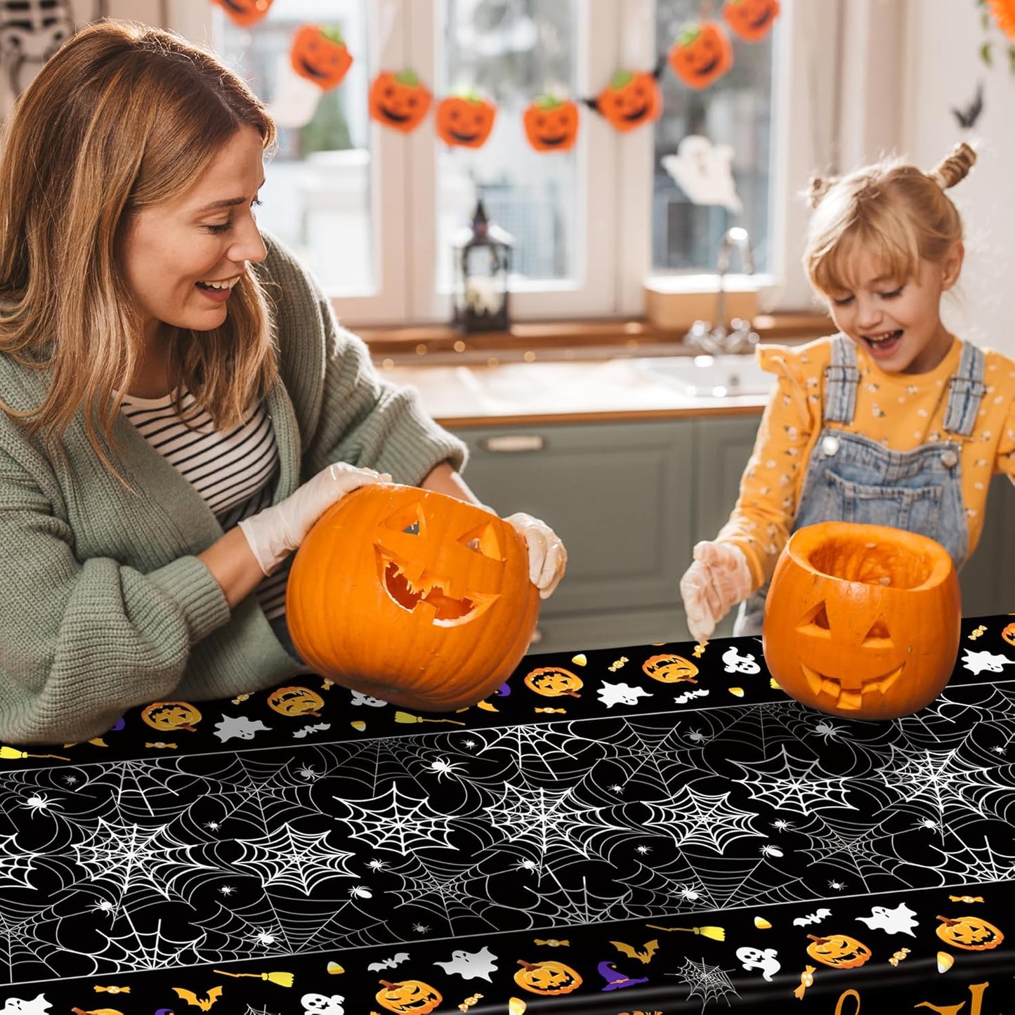 QZYL 12 Pack Halloween Plastic Tablecloth, 54" x 108" Pumpkin Decorations, Spider Webs Pumpkin Design Disposable Table Cloth Tablecover, Halloween Party Decor Dinnerware Indoor