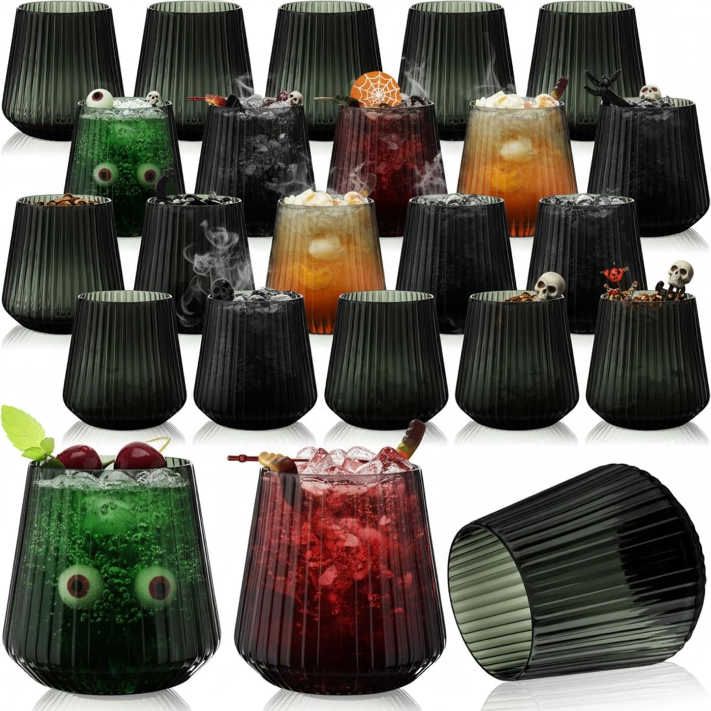 Suclain Plastic Wine Glasses Ribbed Stemless Wine Glasses 14oz Vertical Design Unbreakable Cups for Outdoor Indoor Vintage Elegant Champagne Whiskey Cups for Party Wedding(Black,50 Pcs)