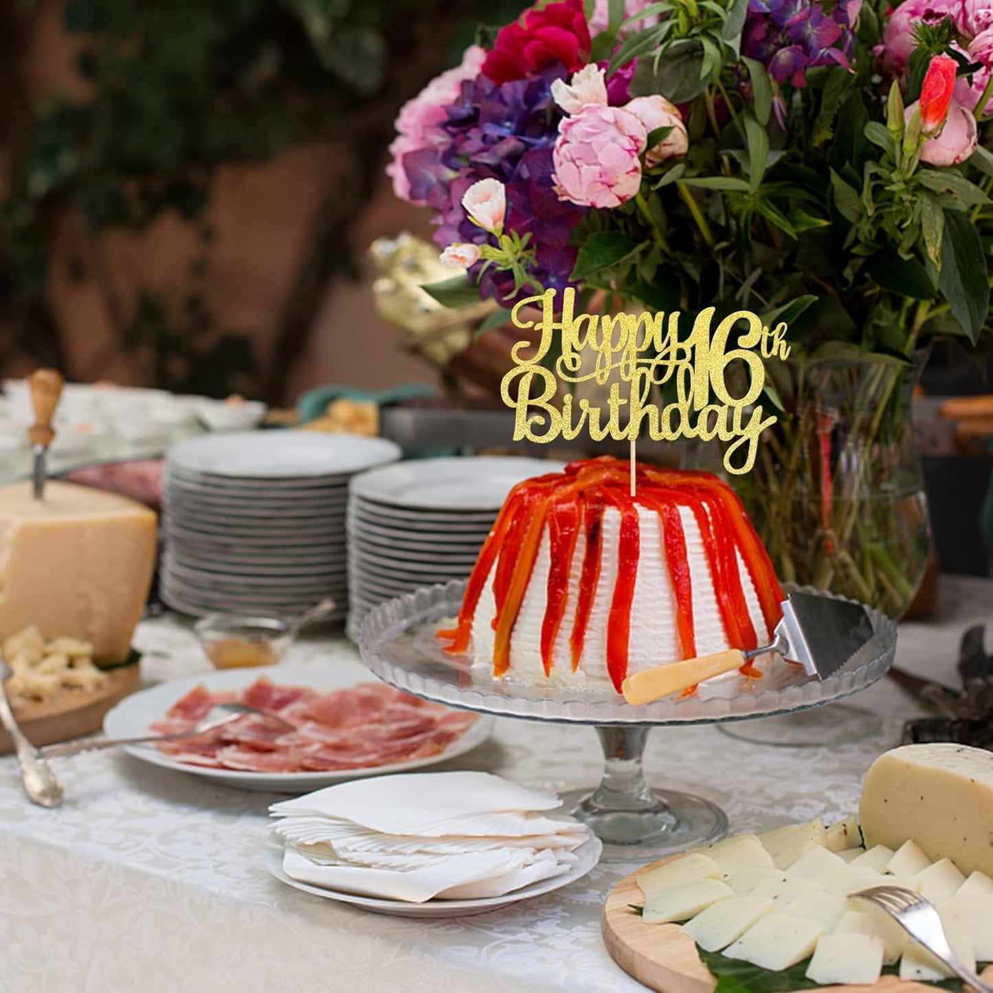 1 PCS Happy 16th Birthday Cake Topper Gold Glitter Cheers to 16 Years Birthday Cake Pick Sweet 16 Fabulous Cake Decoration for Happy 16th Birthday Theme Party Decorations Supplies