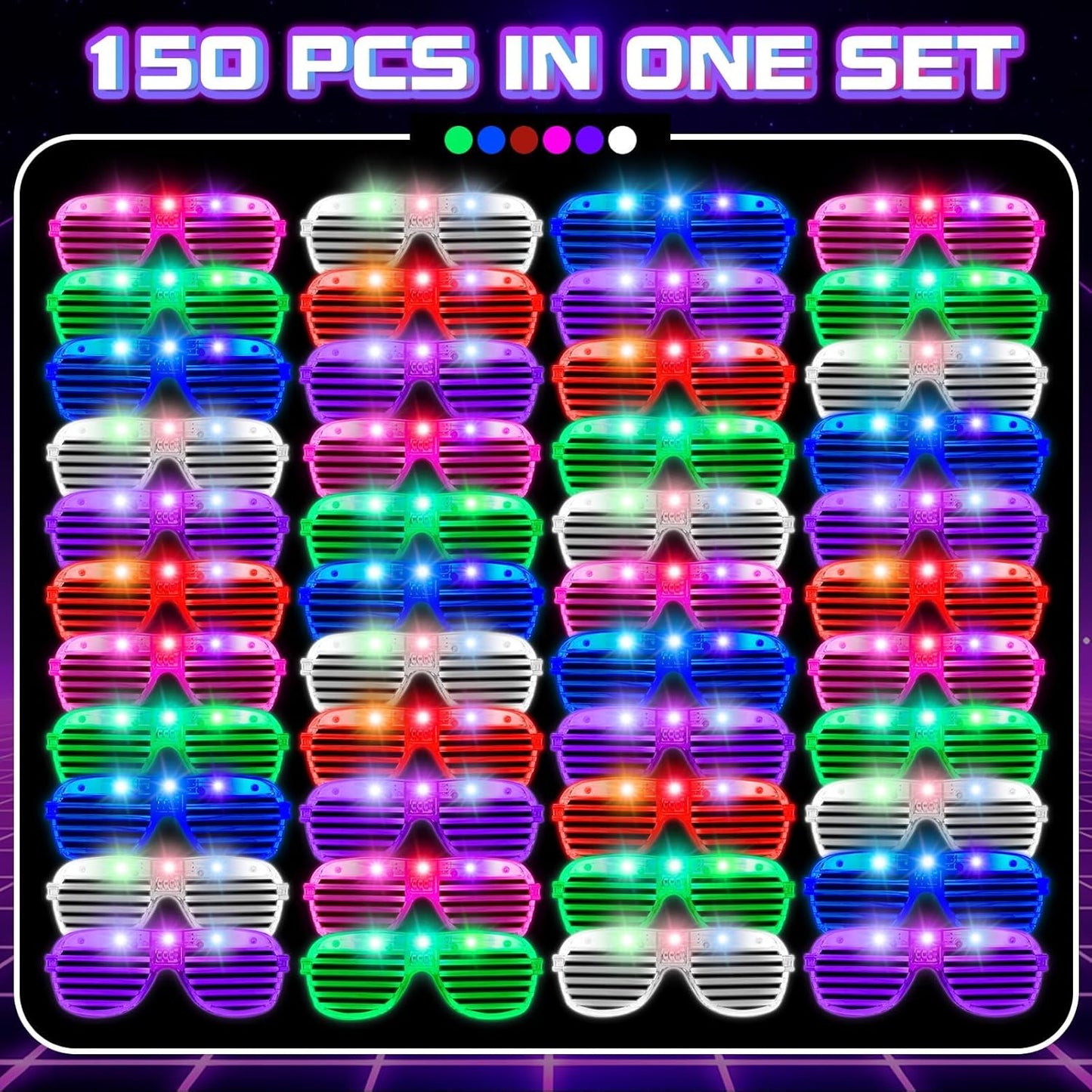 150 Pack 6 Neon Color Halloween Party Favors, Glow in The Dark Glasses for Kid Adult, LED Light Up Glasses Bulk Toy, Rave Accessories, Goodie Bag Stuffers, Wedding Gift, Birthday Party Supplies /Decor