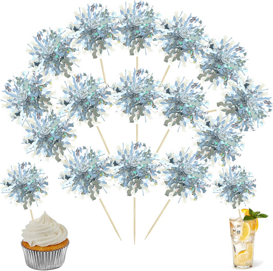 Ephlyn 30Pcs Foil Firework Cupcake Toppers Happy Birthday Cake Toppers Tinsel Flower Drink Stirrers Cocktail Food Fruit Toothpicks for Valentine's Day Party Decorations Silver