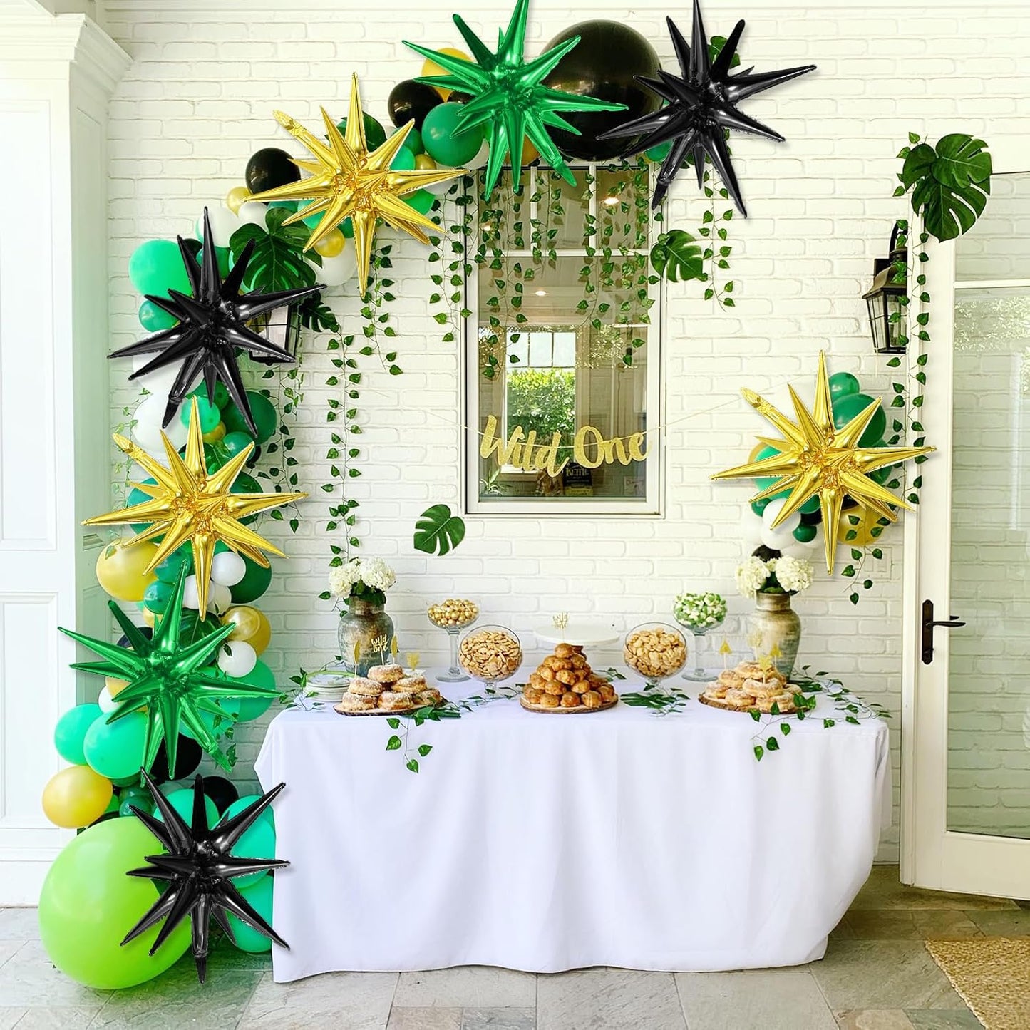 Black Green Gold Star Balloons,9Pcs 22Inch Black Green Gold Explosion Spike Cone Helium Polyester Film Star Foil Balloons for Birthday Anniversary Baby Shower Wedding Disco Party Decorations