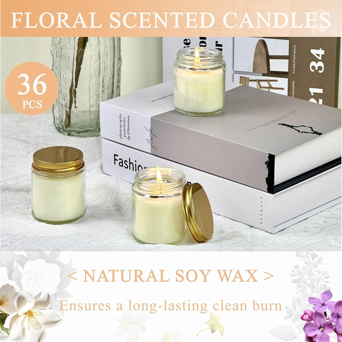 ACITHGL 36 Pcs 4oz Mini Mason Jar Candles Small Scented Candles Bulk Aromatherapy Ideal Souvenir Favors for Wedding Birthday Party (Vanilla, Lilac, Gardenia, Gold)