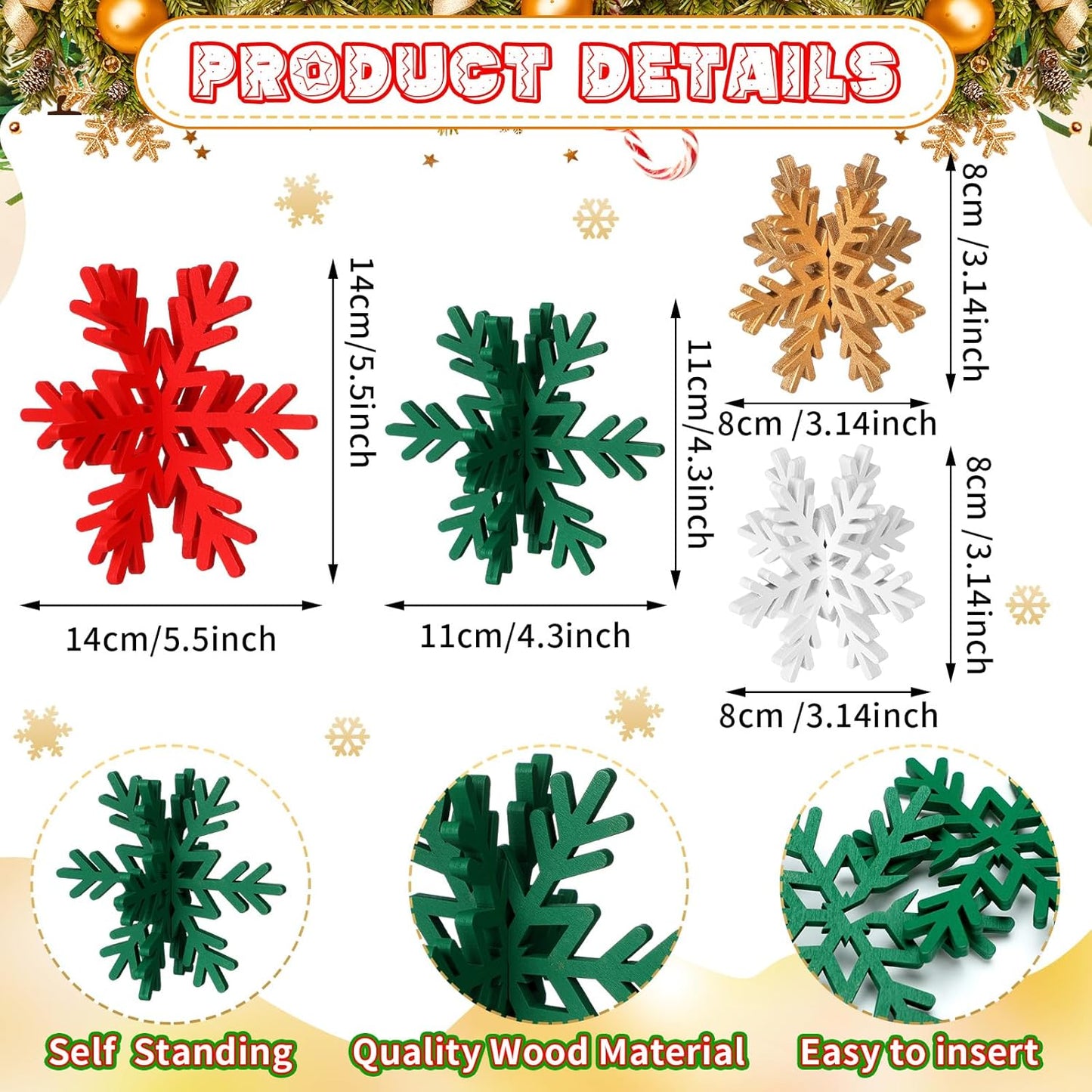 Bucherry 12 Pcs Wooden Snowflake Table Decor 3D Snowflake Tabletop Signs and Centerpiece for Christmas Xmas Winter Wonderland Decorations Home Party (White, Gold, Red,Green)