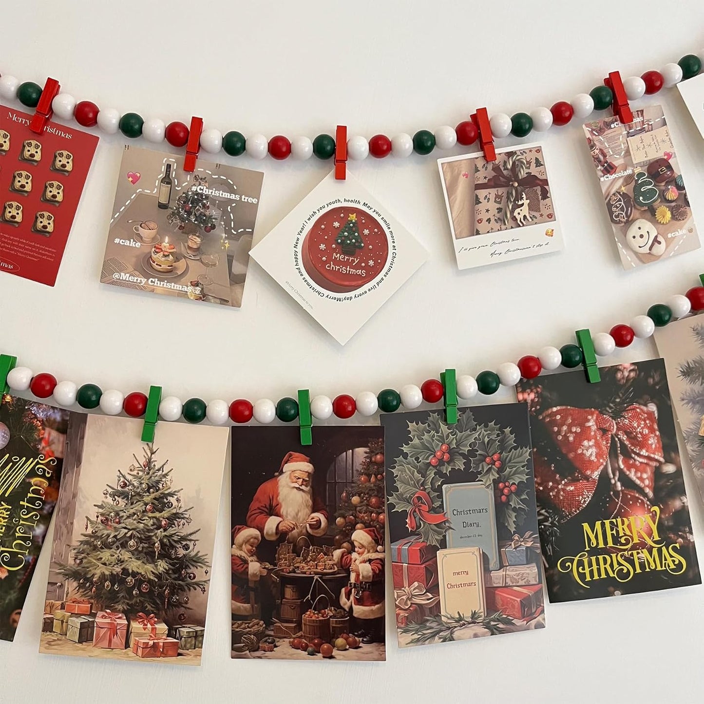 2PCS Christmas Hanging Photo Display with 12 Clips, Wooden Bead Garland, Photo Frame Decoration for Dorms, Classrooms, Bedrooms, Hanging Display Card Holder