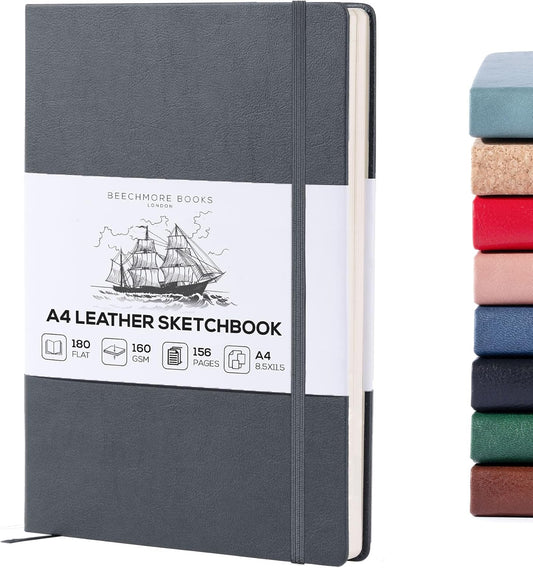 Beechmore Books A4 Sketchbook – 8.5x11 Premium Vegan Leather Bound Large Sketch Book Hardcover with 156 Thick 160gsm Perforated Ivory Pages, Blank Sketch Pad, Gift Boxed, Back Pocket, Ribbon Bookmark