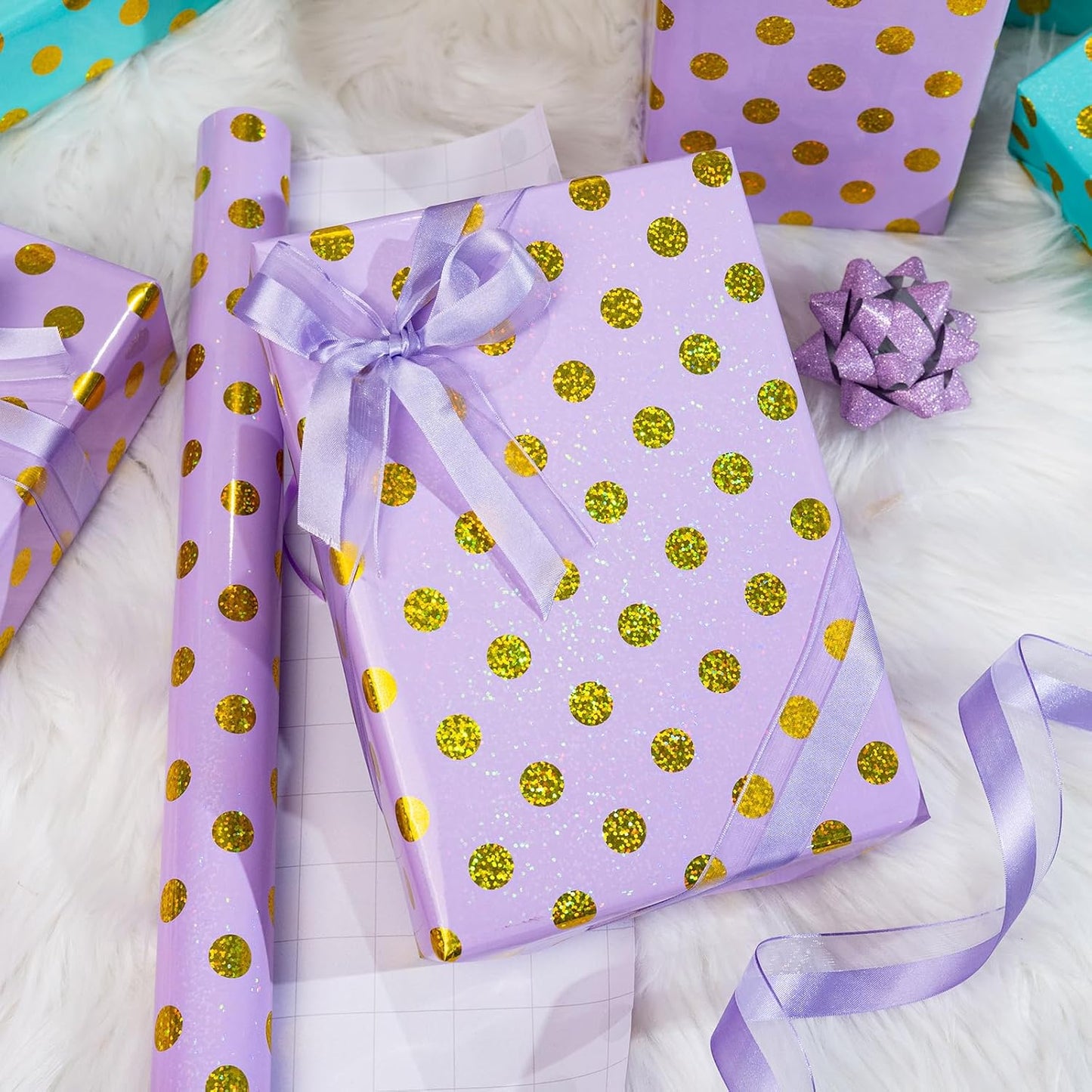 Burymento Purple Holographic Dots Wrapping Paper, Reversible Gold Gift Wrap for Birthday, Valentines, Mothers day, Graduation, Wedding, Fathers day, Baby Shower, Christmas (17in x 16.4ft)