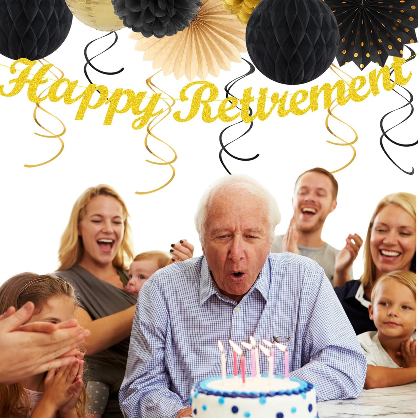 Black Gold Women-Men Happy-Retirement Party-Decorations - 21pcs Celebration Banner,Paper Streamers Lanterns Honeycomb,Tissue Flowers Pom Poms Fan, Classroom Backdrop Supplies Garland Decor Huglony