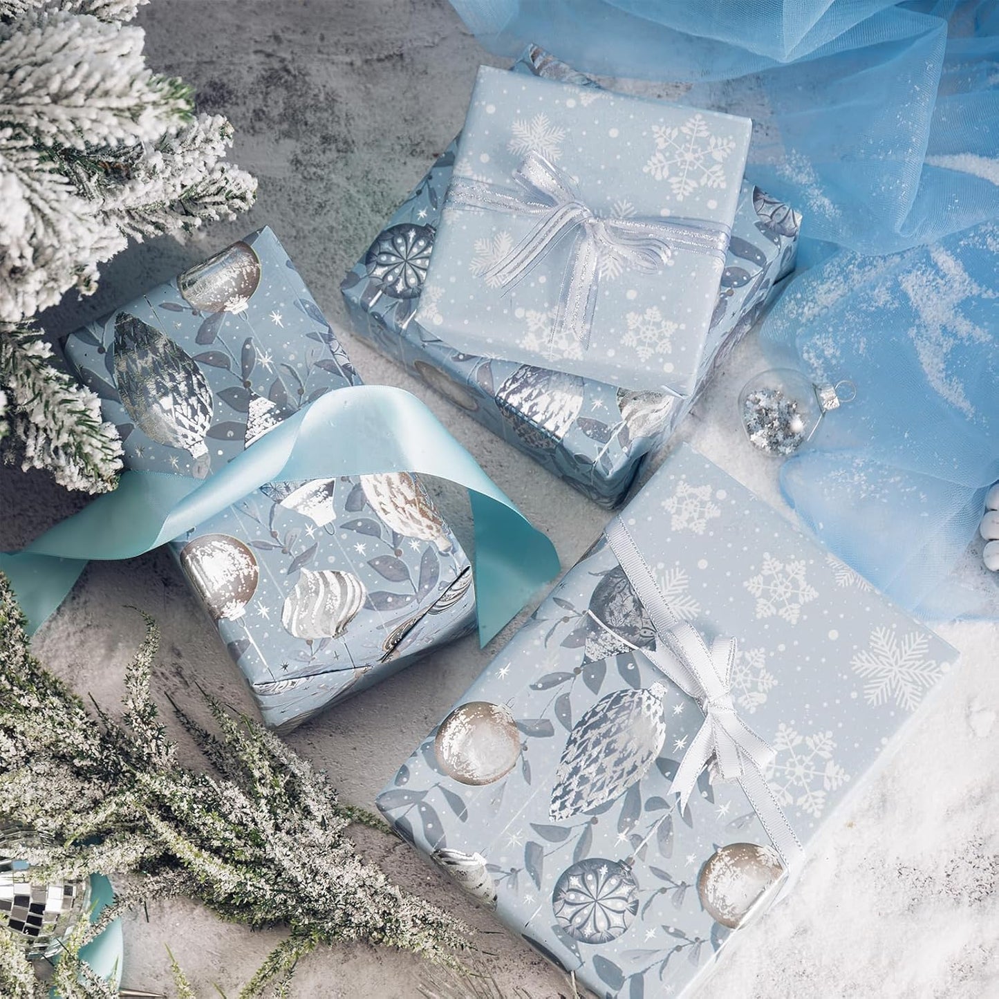 LeZakaa Christmas Silver Wrapping Paper Mini Roll, Silver Blue Christmas Ornaments, White Blue Snowflakes Metallic Foil, Reversible Design for Winter Holiday Family Gathering, 17 inches x 32.8 Feet