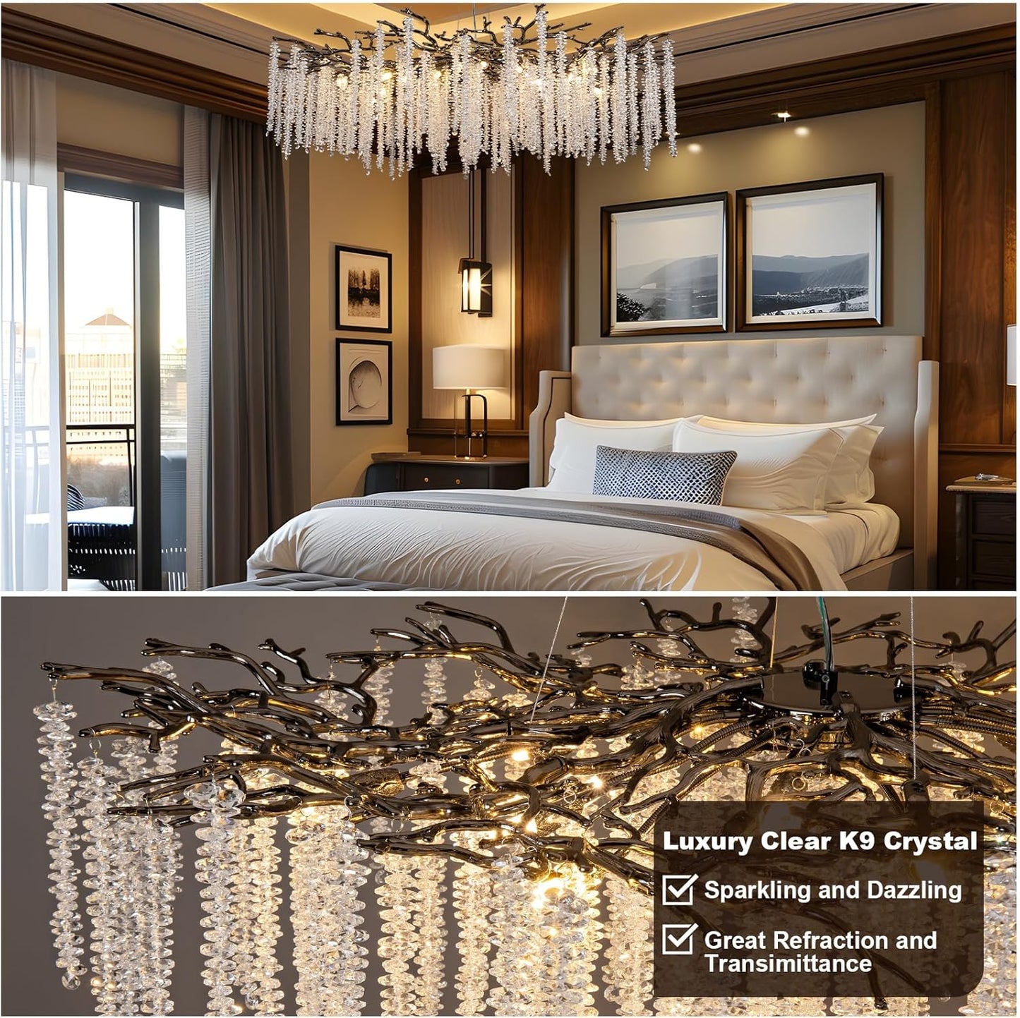 YUYI 47.2'' Modern Crystal Chandeliers for Dining Room,Black Luxury Round Tree Branches Chandelier Lighting,High Ceiling Chandelier Light Fixture Hanging Pendant Light Fixtures