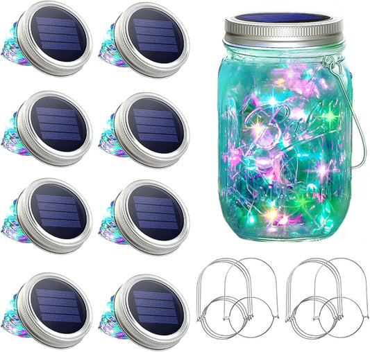 SunKite Solar Mason Jar Lights [Updated], 8 Pack 20 LED Waterproof Fairy Firefly Jar Lids String Lights with Hangers(NO Jars), Patio Yard Garden Wedding Decoration - Colorful