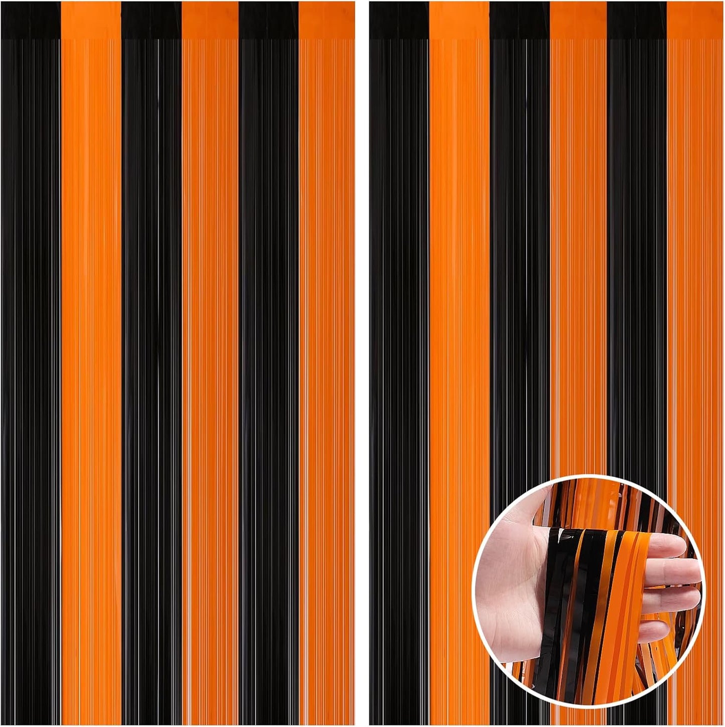 CANREVEL 2 Pack 3.3x8.2 Feet Black and Orange Foil Fringe Backdrop Curtains, Tinsel Streamers Birthday Party Decorations, Fringe Backdrop for Halloween, Bachelorette Party
