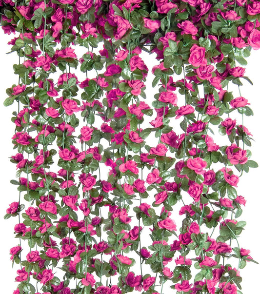 6 Pcs x 8.2 ft Flower Garland Artificial Rose Vine Flowers with Green Leaves Hanging Fake Roses Vine for Room Party Home Wedding Birthday Christmas Wall Arch Decor, Spring Magenta Flower