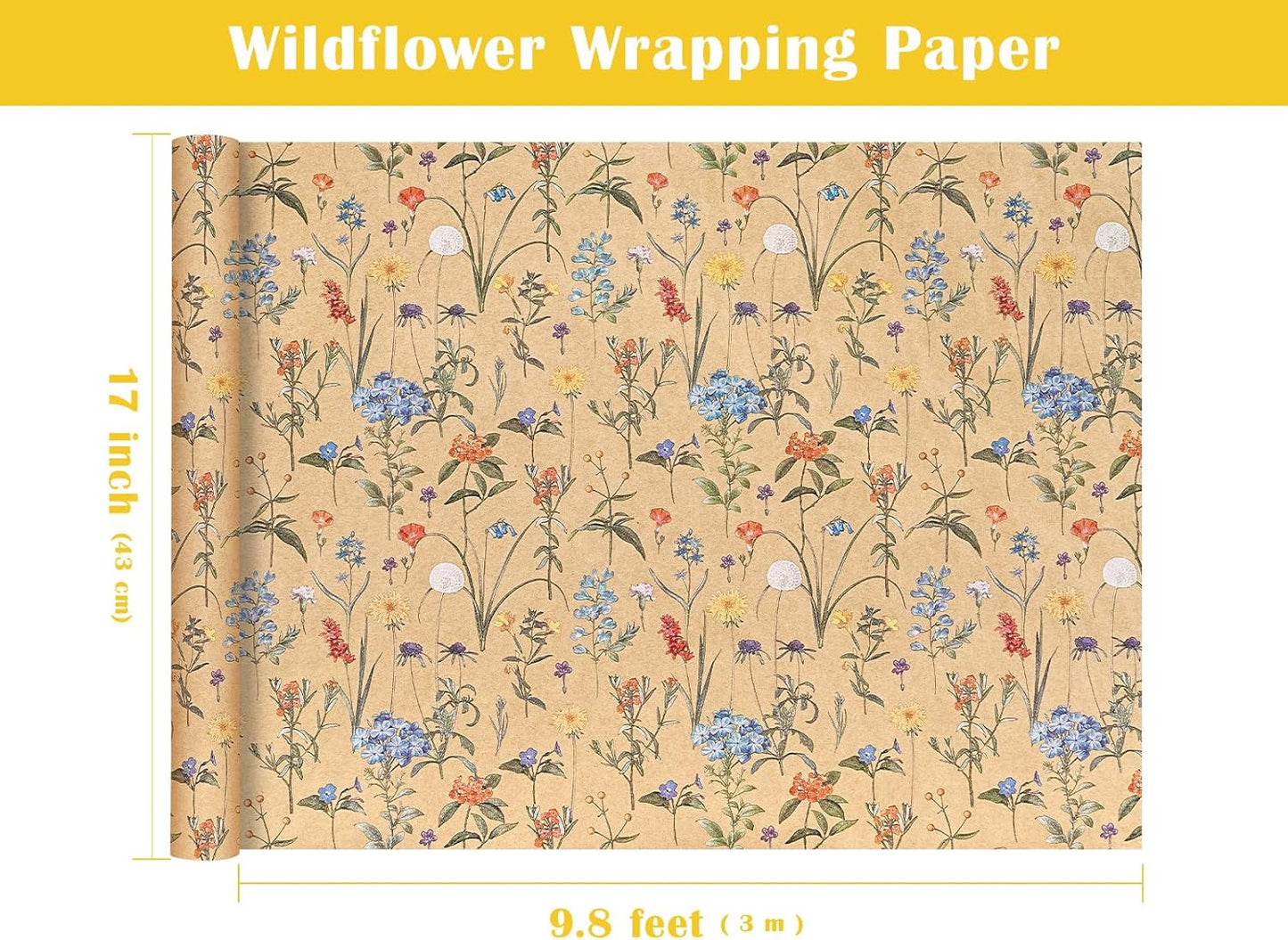 WRAPAHOLIC Kraft Floral Wrapping Paper Roll - Mini Roll - 17 Inch x 9.8 Feet - Wildflower Wrapping Paper Perfect for Girls Women Birthday, Wedding, Bridal Shower