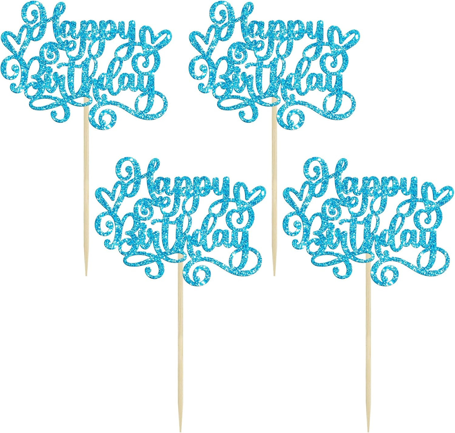 Gyufise 24Pcs Happy Birthday Cupcake Toppers Glitter Happy Birthday Cupcake Picks for Celebrating Happy Birthday Anniversary Theme Party Cake Decorations Supplies Blue