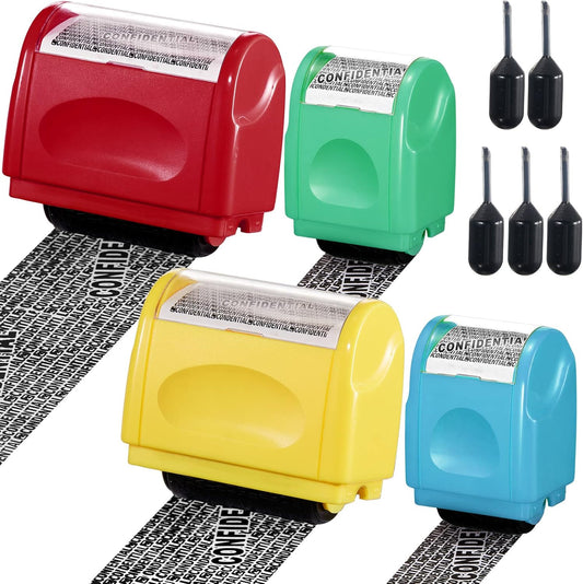 Mimorou 4 Pack Identity Theft Protection Roller Stamps Kit Confidential Privacy Roller Hidden Wide Privacy Stamp 5 Pcs Refills Security Ink for Mail Address Blocker(Red, Yellow, Blue, Green)