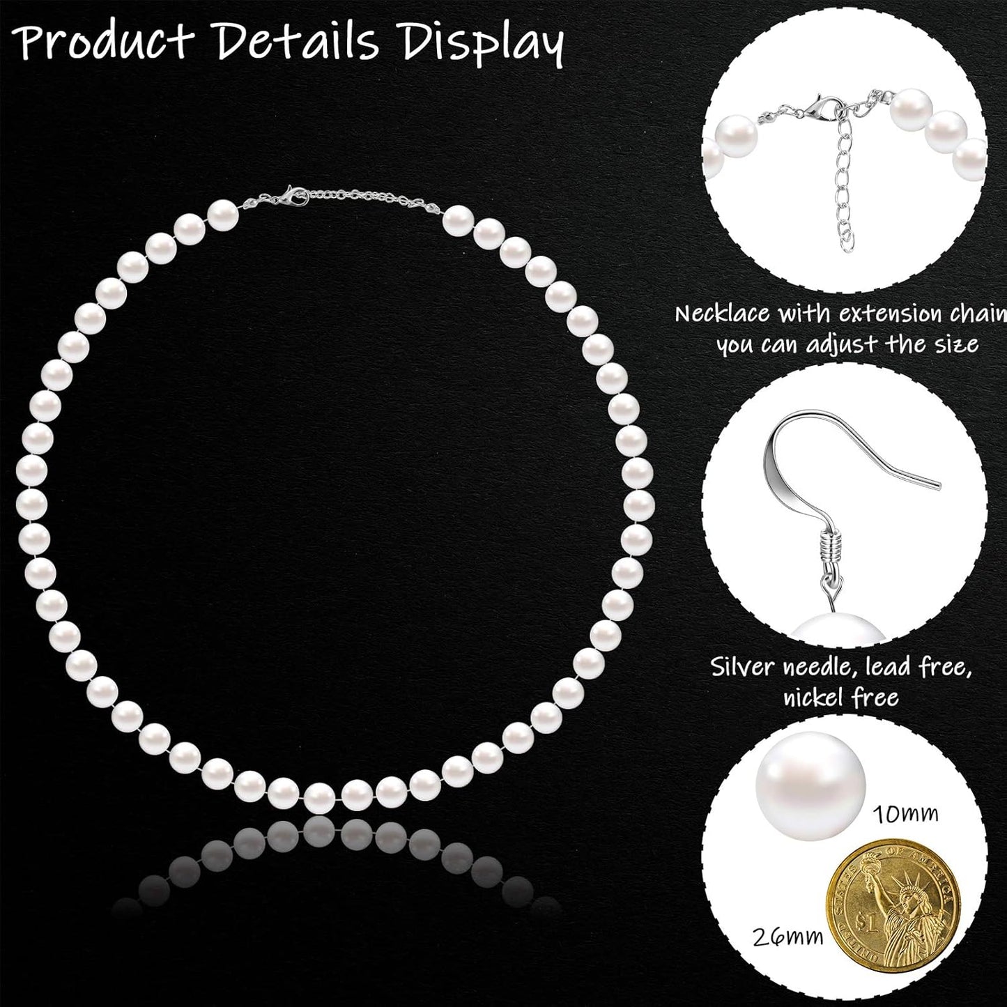 4 Pcs 1920s Faux Pearl Costume Jewelry Set for Women Halloween Simulated Necklace Bracelet Earrings for Wedding