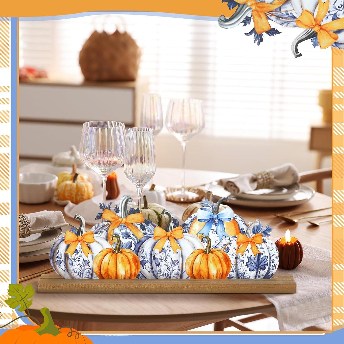 Fall Pumpkin Metal Sign Chinoiserie Pumpkin Table Decor Thanksgiving Tiered Tray Decor with Wooden Base Freestanding Metal Word Sign for Home Tabletop Centerpiece Mantel Shelf Fireplace