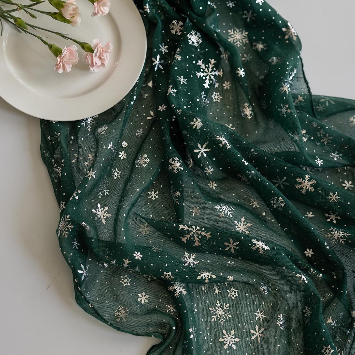 Silvery Snowflake Metallic Print Tulle Christmas Table Runner, Seasonal Winter Kitchen Dining Table Decoration for Home Party Decor 35x120 Inch (Green)
