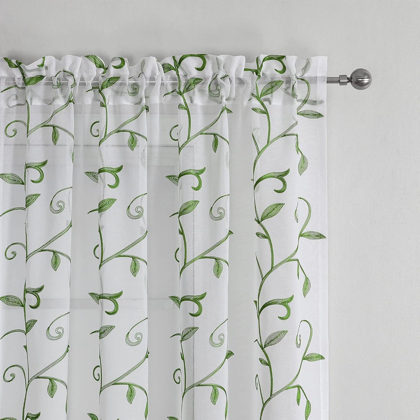 VISIONTEX Embroidered Green Sheer Voile Curtains, Leaves Embroidery Faux Linen Rod Pocket Window Drapes for Living Room and Girls Bedroom 54 x 108 Inch, Set of 2 Curtain Panels