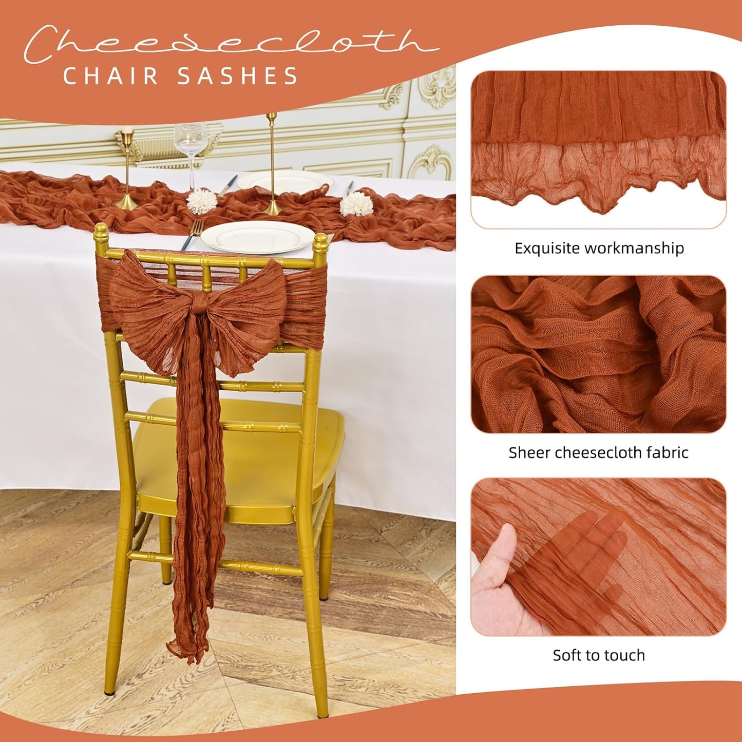 50 PCS Cheesecloth Chair Sashes, Bows Designed ChairSashes, 15.7x108 inch Chair Sashes for Aisle Decorations Universal Chairs Cover Decoration for Wedding Reception Party Banquet (Terracotta)
