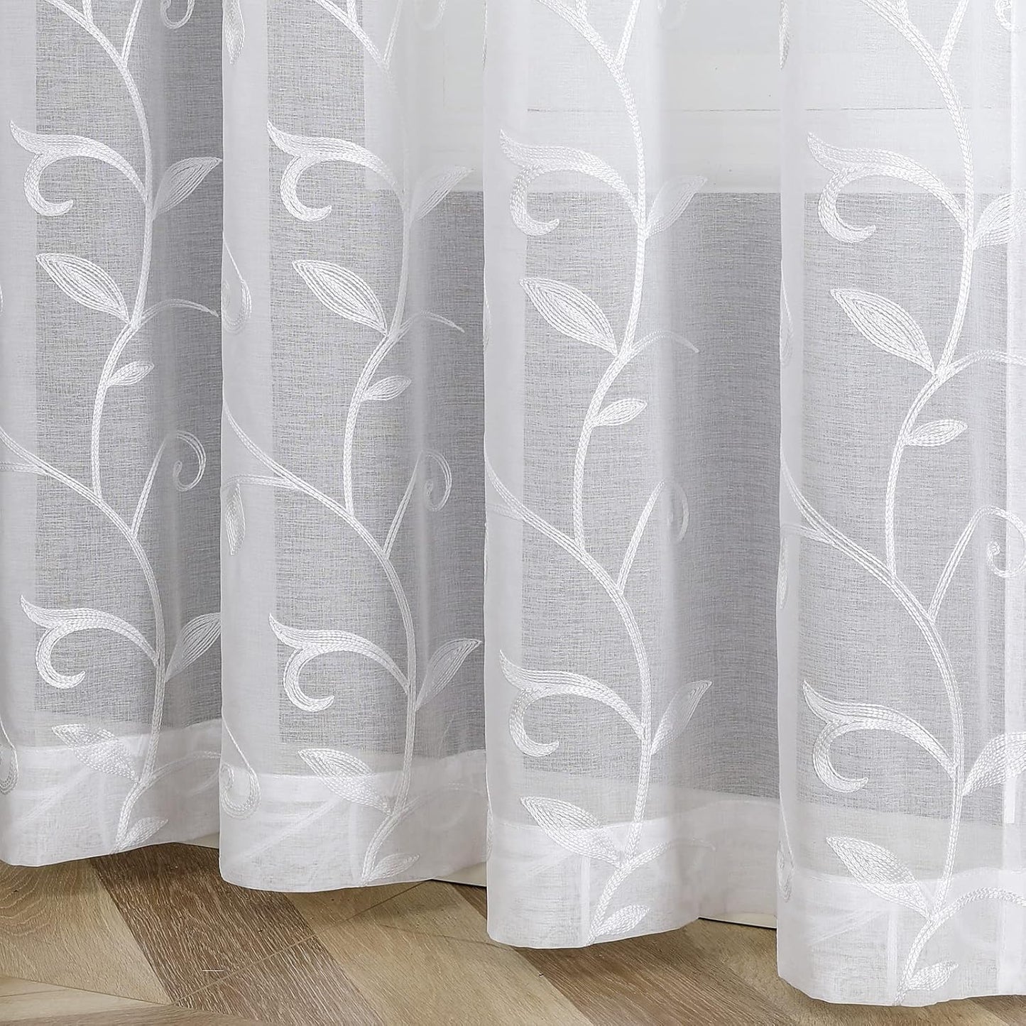 VISIONTEX White Leaves Sheer Voile Curtains, Decorative Embroidery Rod Pocket Window Drapes for Home Living Room and Bedroom 54 x 84 Inch, Set of 2 Curtain Panels