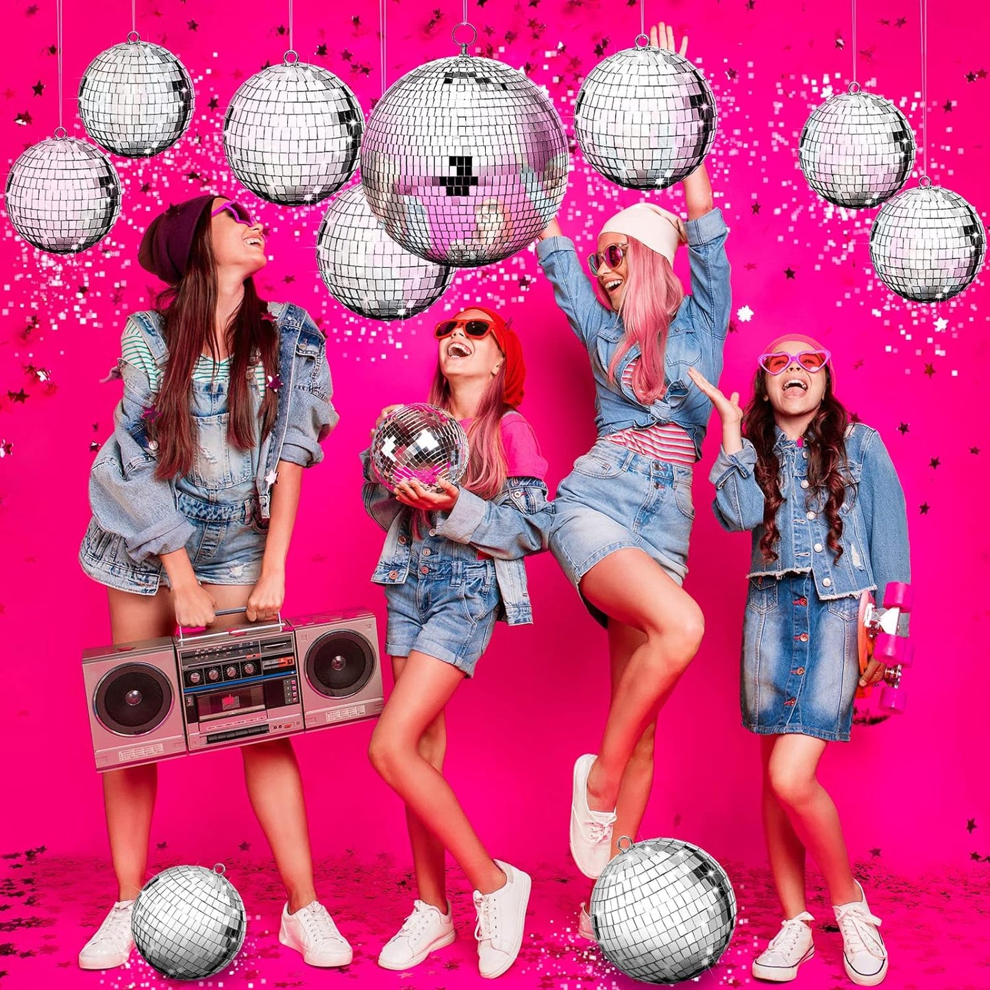 Haull 8 Pcs Large Disco Ball Set Silver Mirror Disco Reflective Ball with Hanging Ring Party Ornament Decoration for Stage Club Ballroom Dance Hall Wedding Prom Props(8'', 6'', 4'')