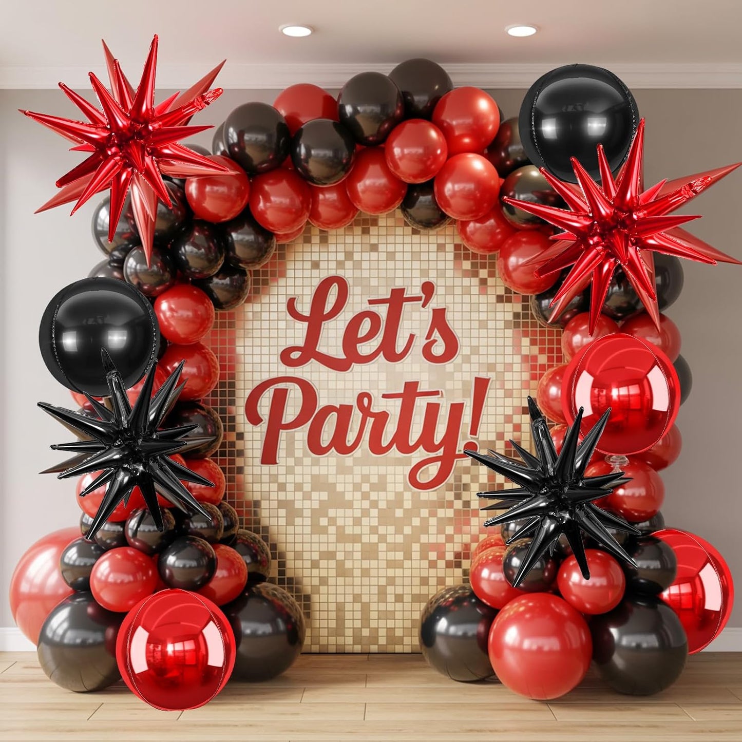 6Pcs Black Red Foil Balloons,22Inch Black Red 4D Round Ball Balloon and Explosion Star Balloon for Birthday Wedding Baby Shower Anniversary Party Decorations