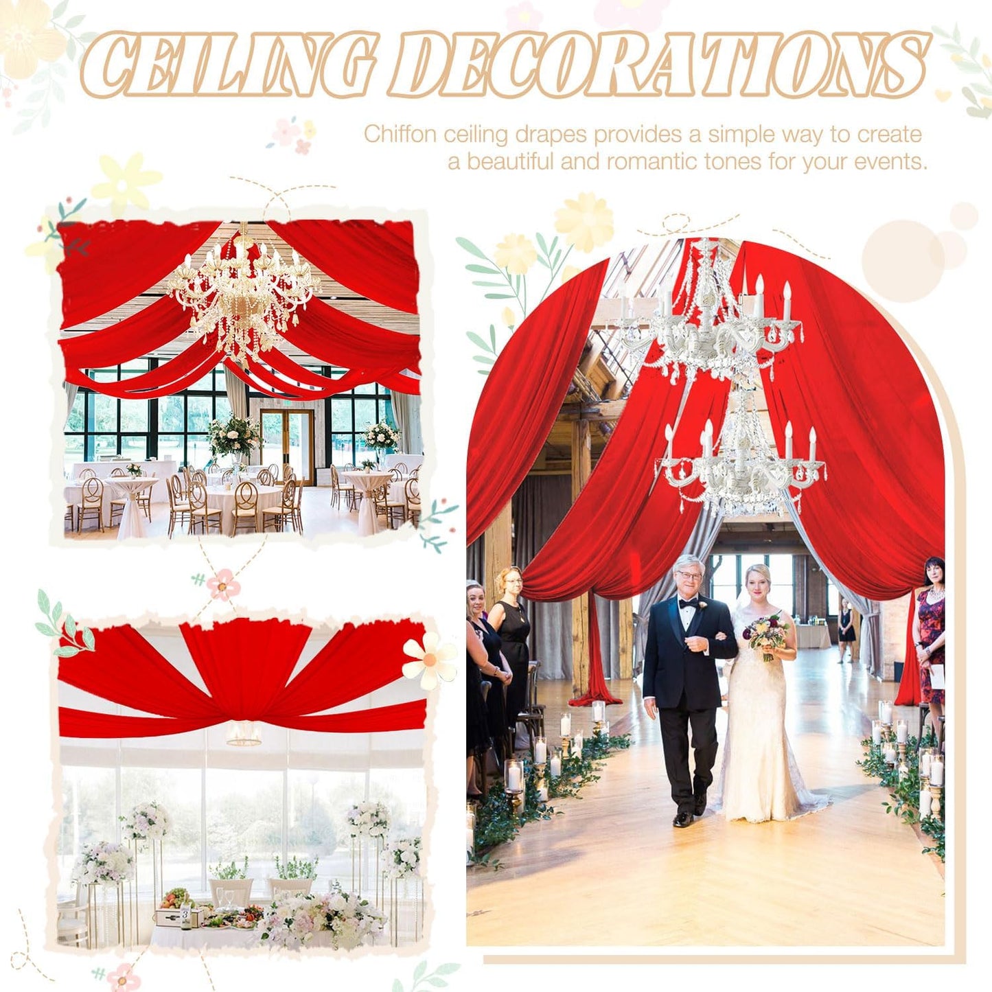 FUHSY Red Ceiling Drapes for Wedding Ceiling Drapes 5FTx20FT 2 Panels Sheer Ceiling Drapes for Parties Wedding Arch Draping Fabric Chiffon Curtain Wedding Drapery Fabric Ceiling Decorations for Party