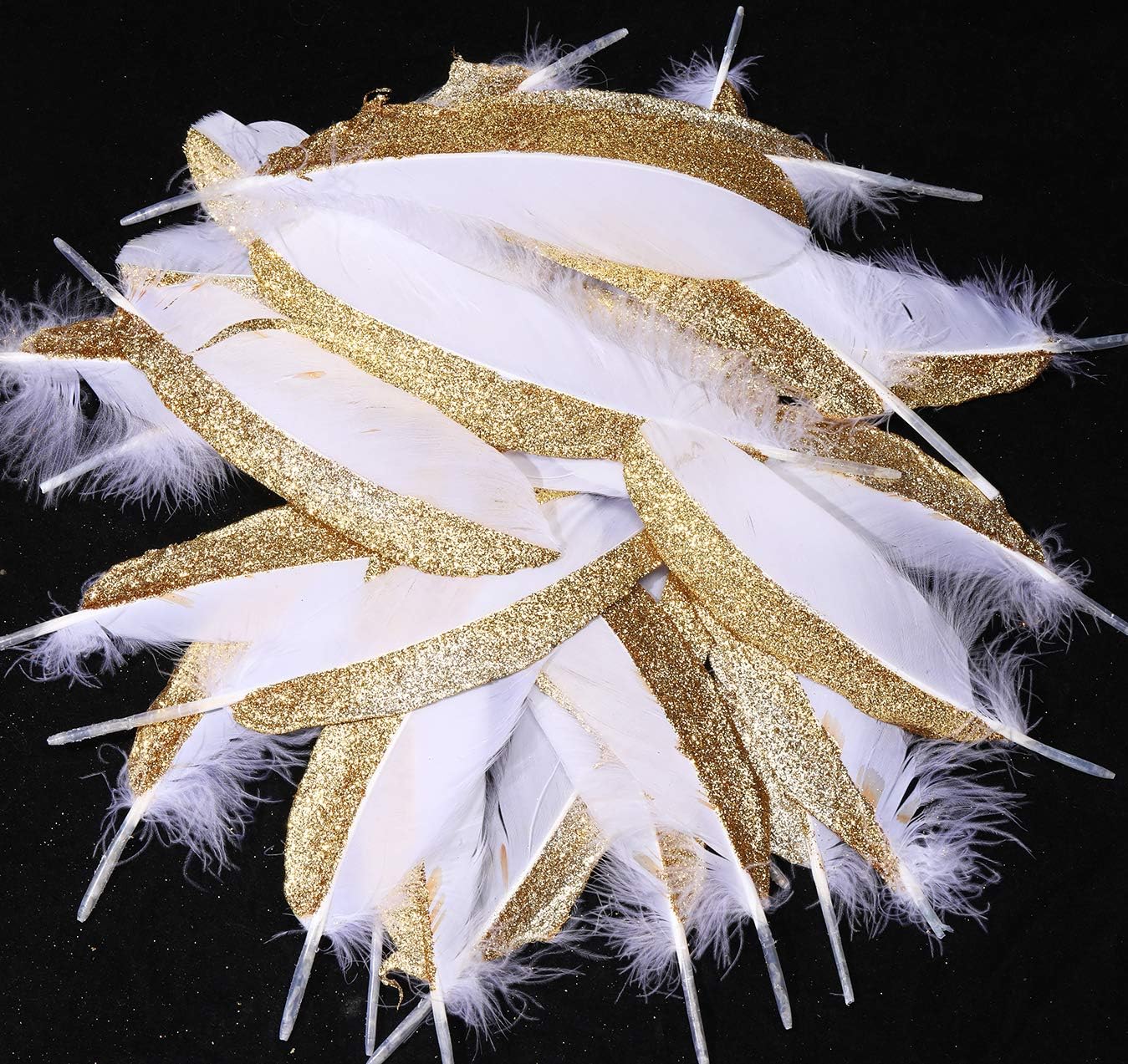 BABEYOND 42 Pcs 1920s Gatsby Gold Dipped Feather Natural Décor Glitter Feather for 20s Party Decoration Wedding Decoration (White & Gold)