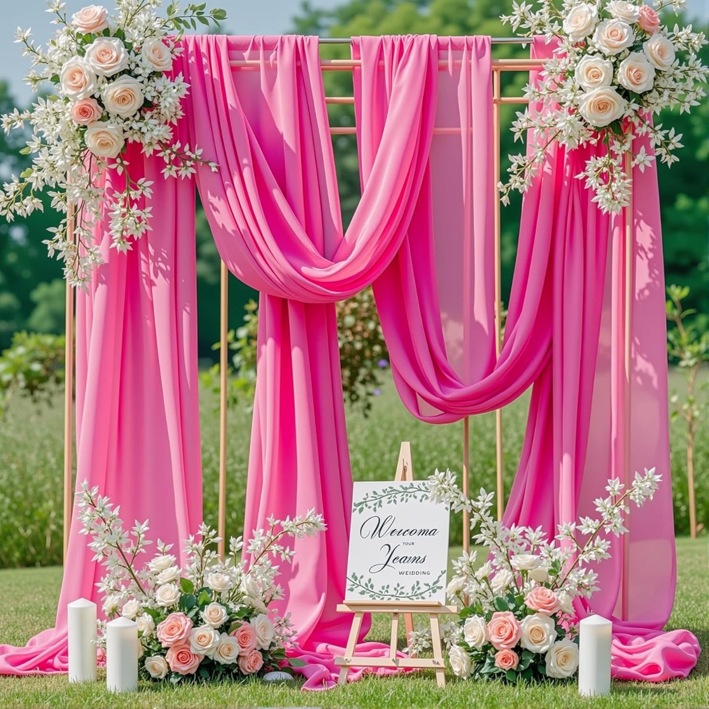 Wedding Arch Draping Fabric,2 Panels 18FT Hot Pink Sheer Chiffon Curtain Drapes 6 Yards for Wedding Ceremony Birthday Party Decoration
