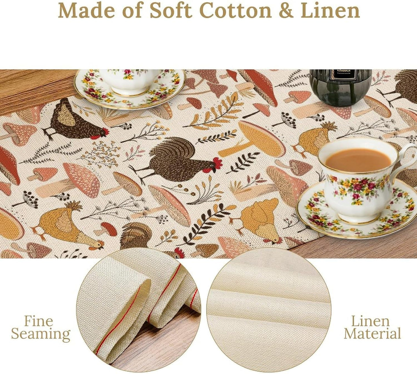 Mushroom Table Runner,Retro Natural Plant Famhouse Table Runner for Kitchen Dining Table Home Party Decoration 13x120 Inch