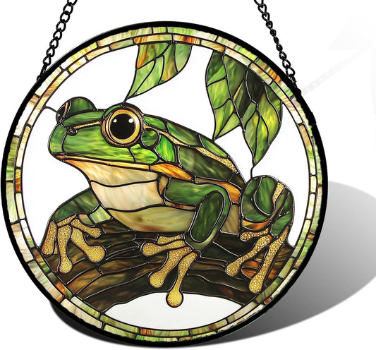 Stained Glass Window Hanging, Frog Green Leaf Sun Catchers Colorful Glass Panel Cool Suncatcher Decor for Birthday for Women, Men, Wife, Aunt, and Mom 7.8 in
