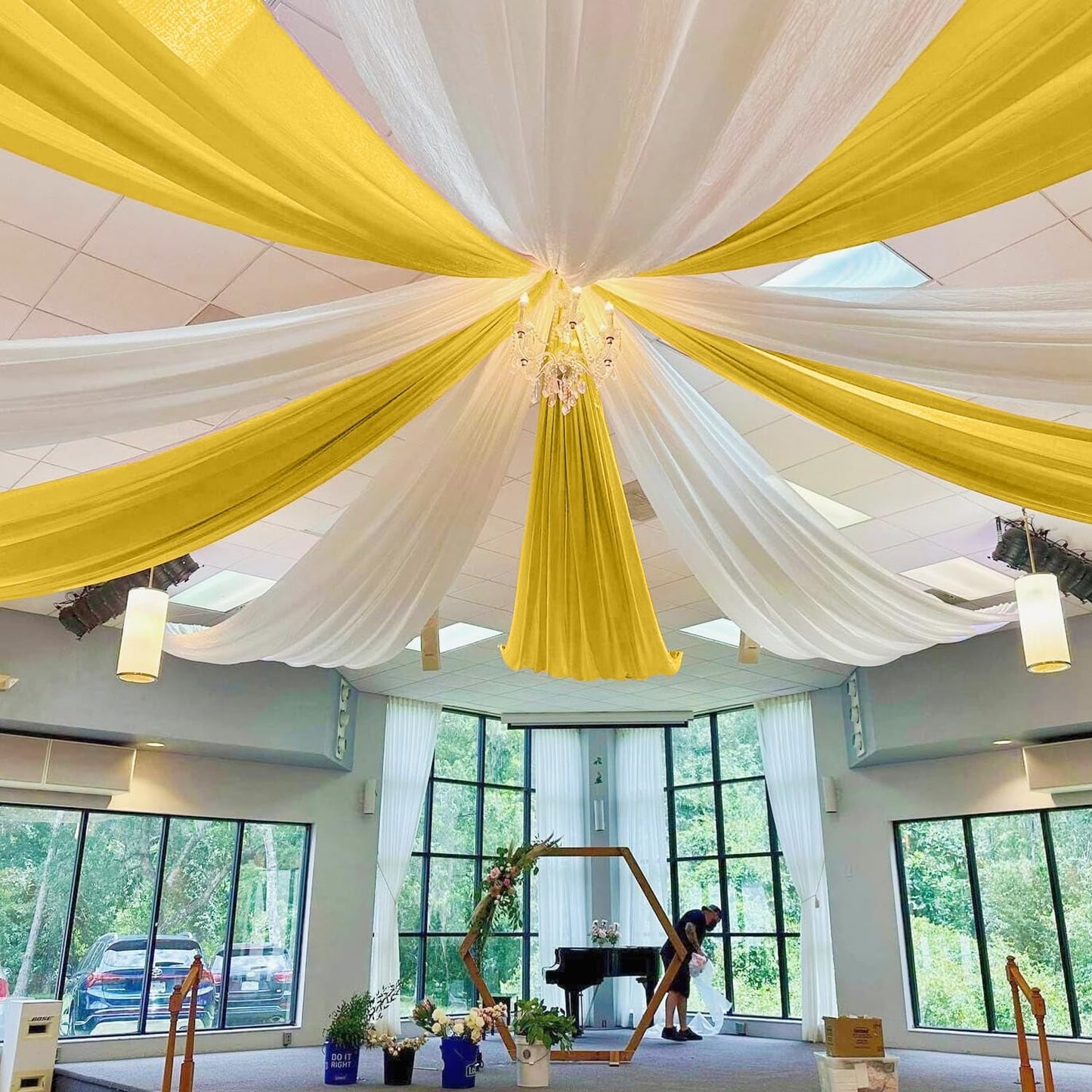 MODFUNS Ceiling Drapes for Parties Gold Ceiling Draping Fabric 5x20ft 4 Panels Sheer Wedding Arch Drapery Chiffon Stage Curtain Tent Ceiling Drape for Reception Banquet Arbor Ceiling Decoration