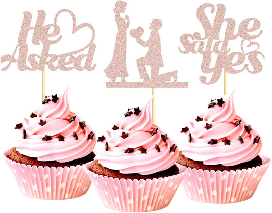 Sotpot 24PCS He Asked She Said Yes Cupcake Toppers With Heart Rose Gold Glitter for Wedding Bridal Shower,Wedding Engagement Party Cake Decorations