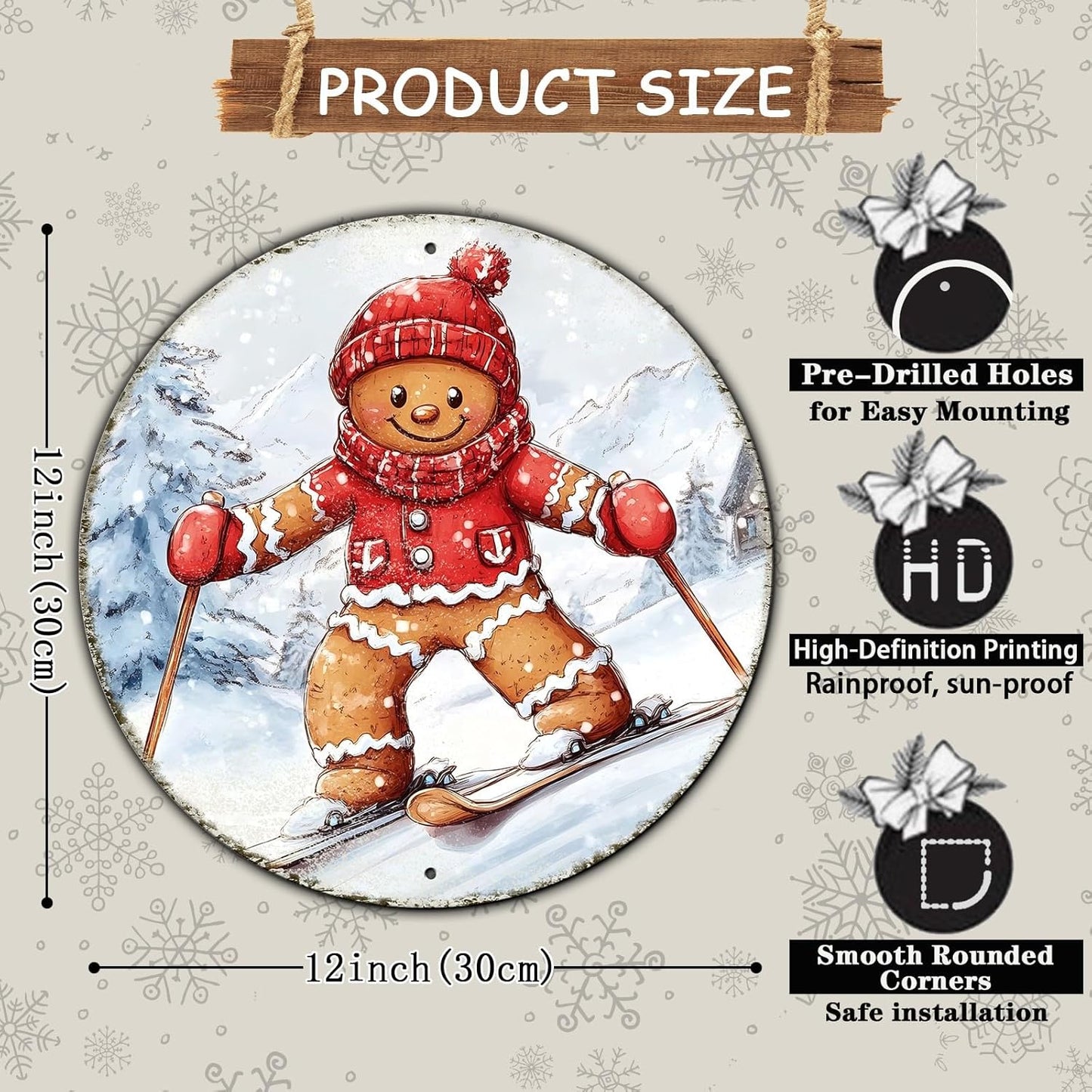 Round Gingerbread Man Ski Vintage Metal Sign Skiing Sign, Office Sign Home Décor Ski Lodge Décor Cabin Tin Sign 12 * 12 in