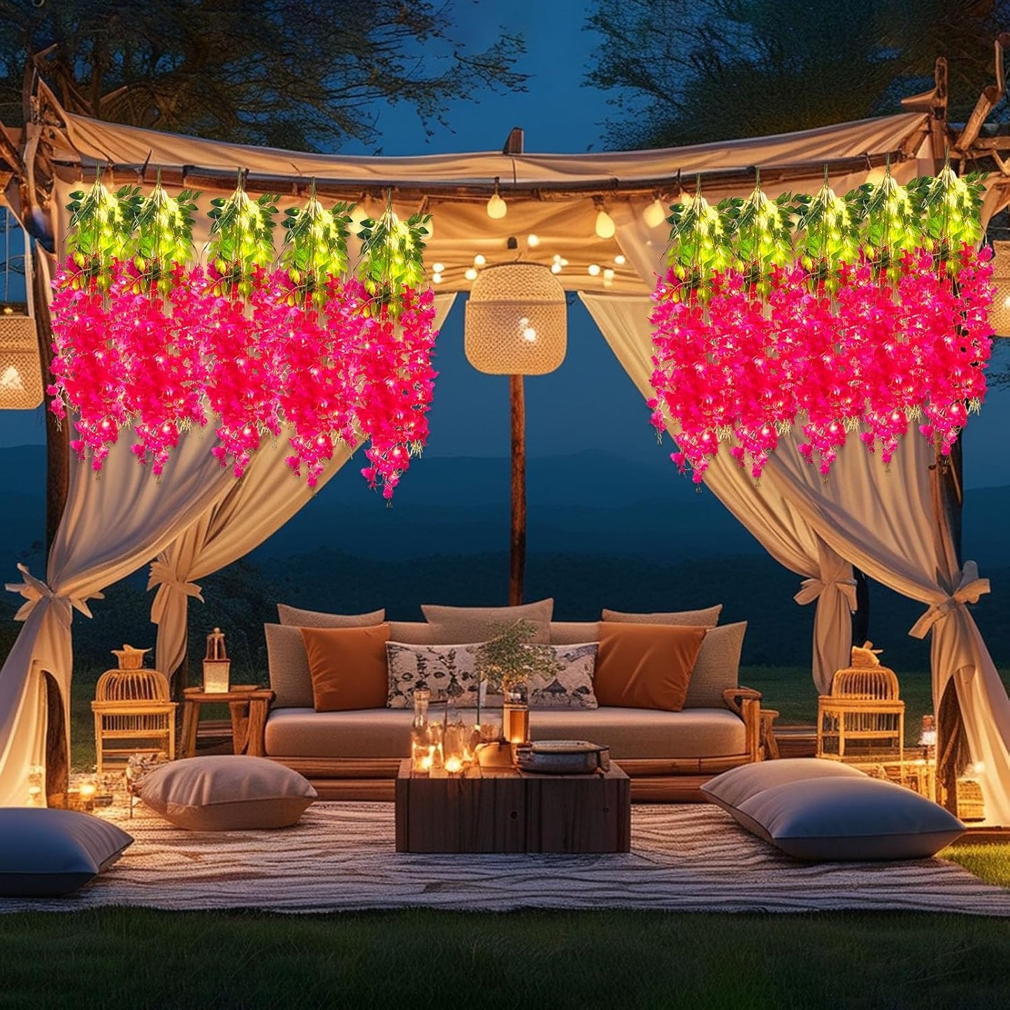 12 Pack Fuchsia Wisteria Hanging Flowers Garland with Lights, 3.44 Feet Artificial Flower Vines, Fake Wisteria, Artificial Vines Hanging Garland for Backdrop Outdoor Patio Garden Decor