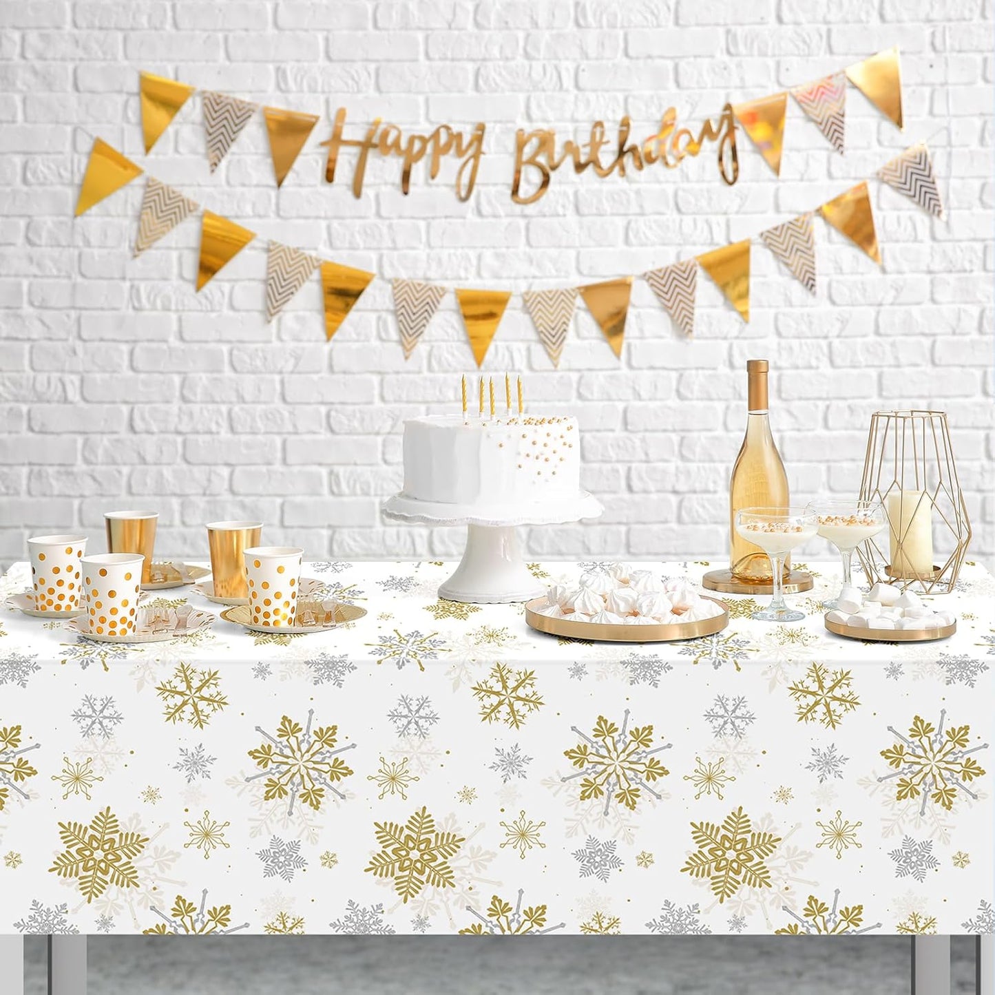 12Pcs Christmas Snowflake Party Tablecloths Decorations,Plastic White and Gold Table Cloth,Winter Rectangle Table Cover for Christmas New Year Birthday Baby Shower Holiday Party Decorations,54x108inch