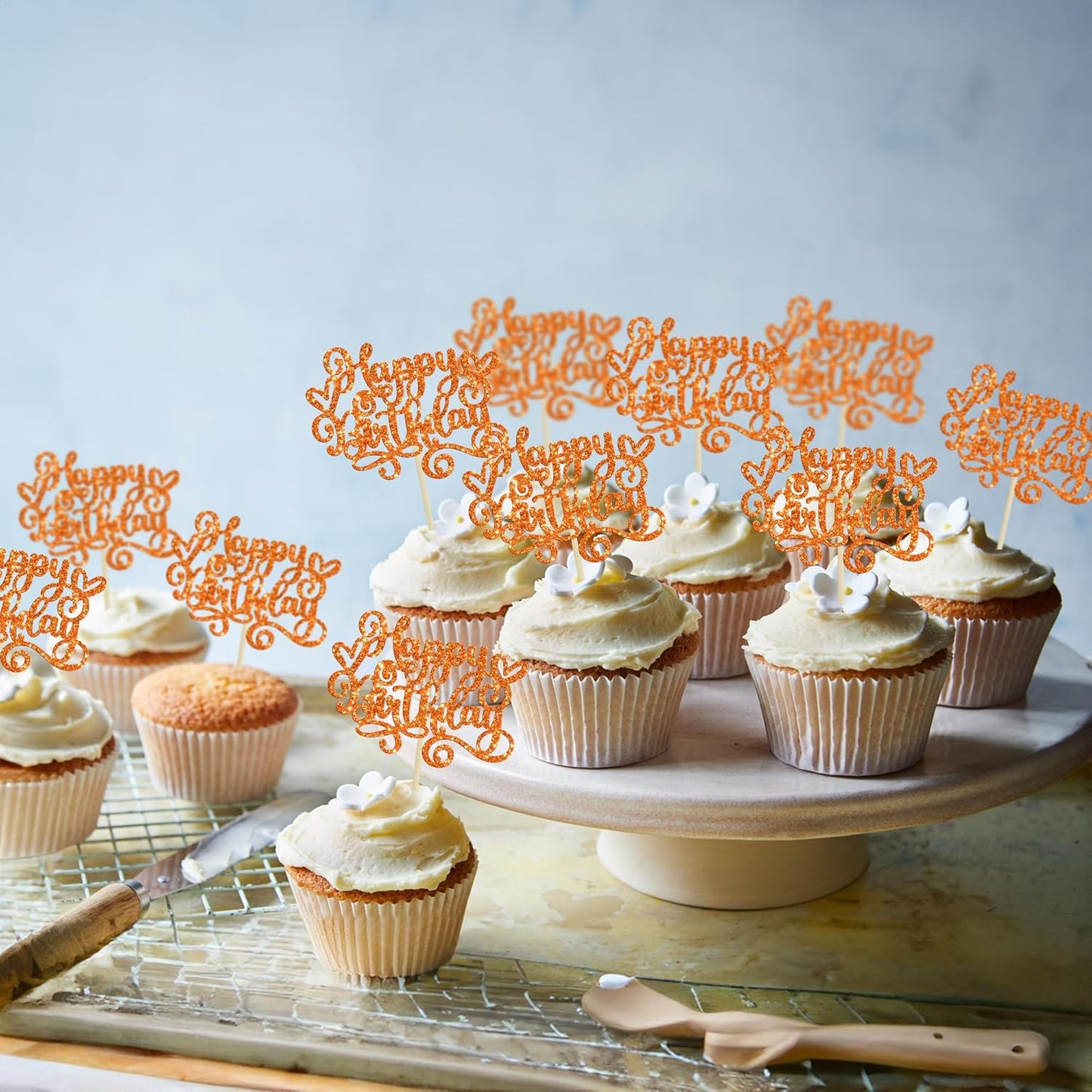 Gyufise 24Pcs Happy Birthday Cupcake Toppers Glitter Happy Birthday Cupcake Picks for Celebrating Happy Birthday Anniversary Theme Party Cake Decorations Supplies Orange