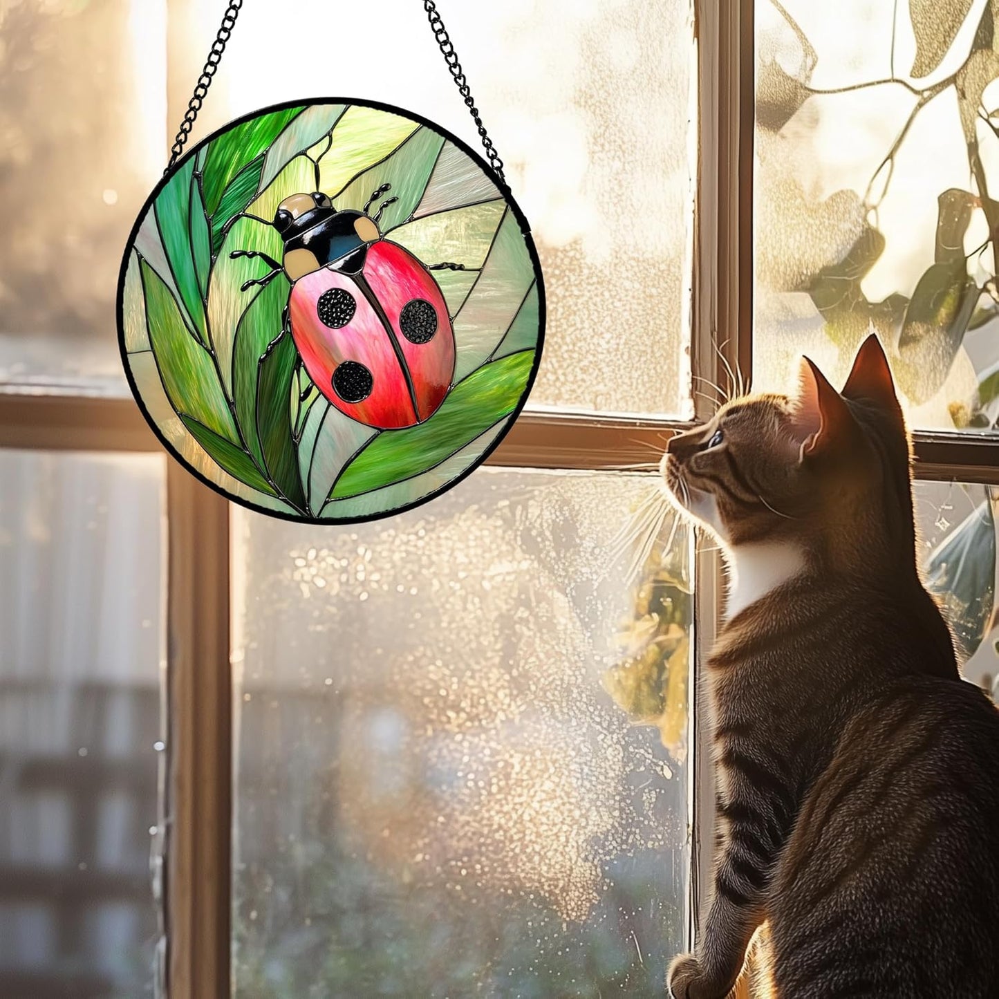 Stained Glass Window Hanging 4 Pcs Set Pink Green Insect Theme Large 15" - Butterfly Suncatcher Door Garden Sun Catcher Decor Birthday Christmas for Mom Woman Nana Men