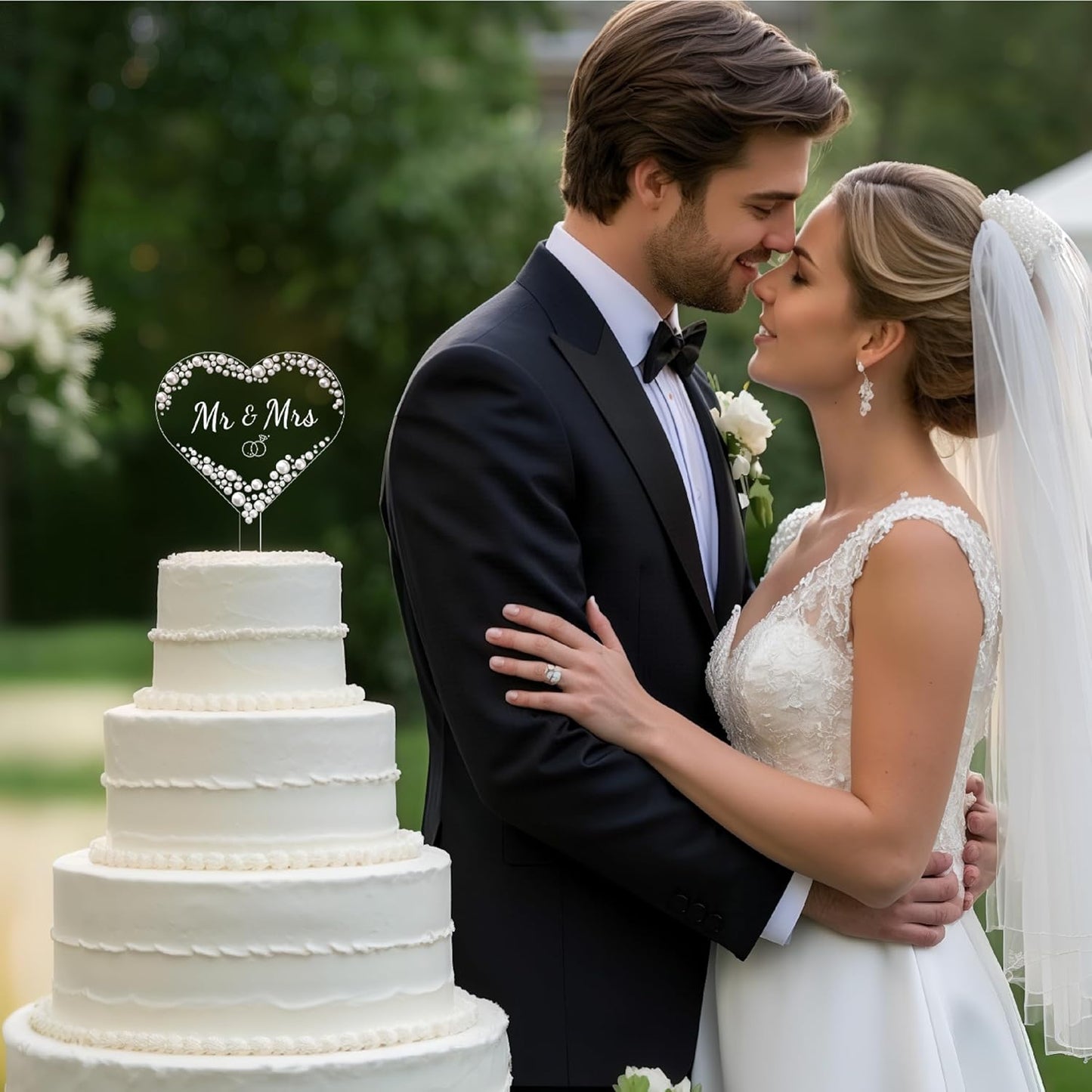 Coucoland Mr and Mrs Cake Topper - Heart Wedding Cake Decor with Rhinestones and Pearls for Engagement Bridal Anniversary