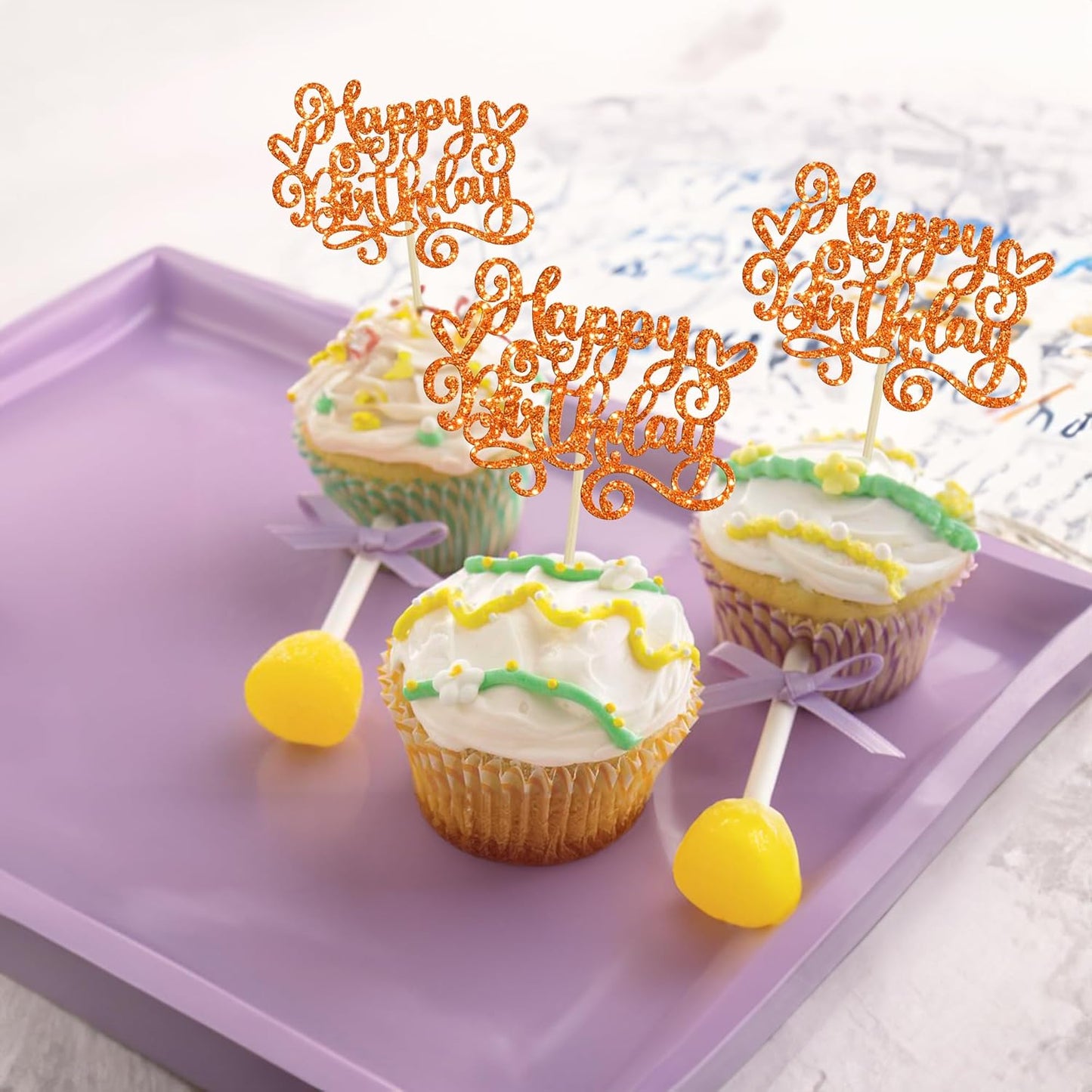 Gyufise 24Pcs Happy Birthday Cupcake Toppers Glitter Happy Birthday Cupcake Picks for Celebrating Happy Birthday Anniversary Theme Party Cake Decorations Supplies Orange