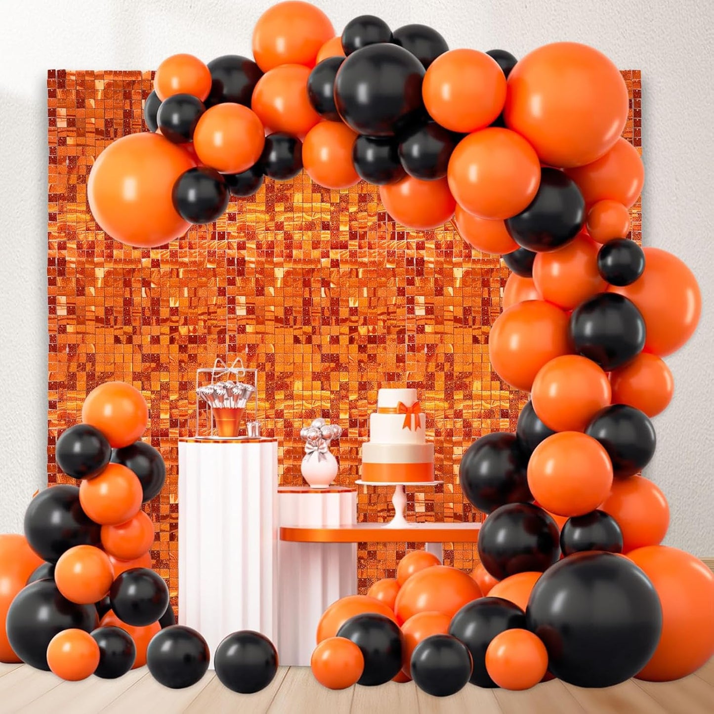 24PCS Orange Shimmer Wall Backdrop, Laser Square Sequin Photo Backdrops Panel, Glitter Wall Background for Birthdays, Weddings, Halloween, Engagements, Disco Bachelorette Party Decoration (4FTx6FT)