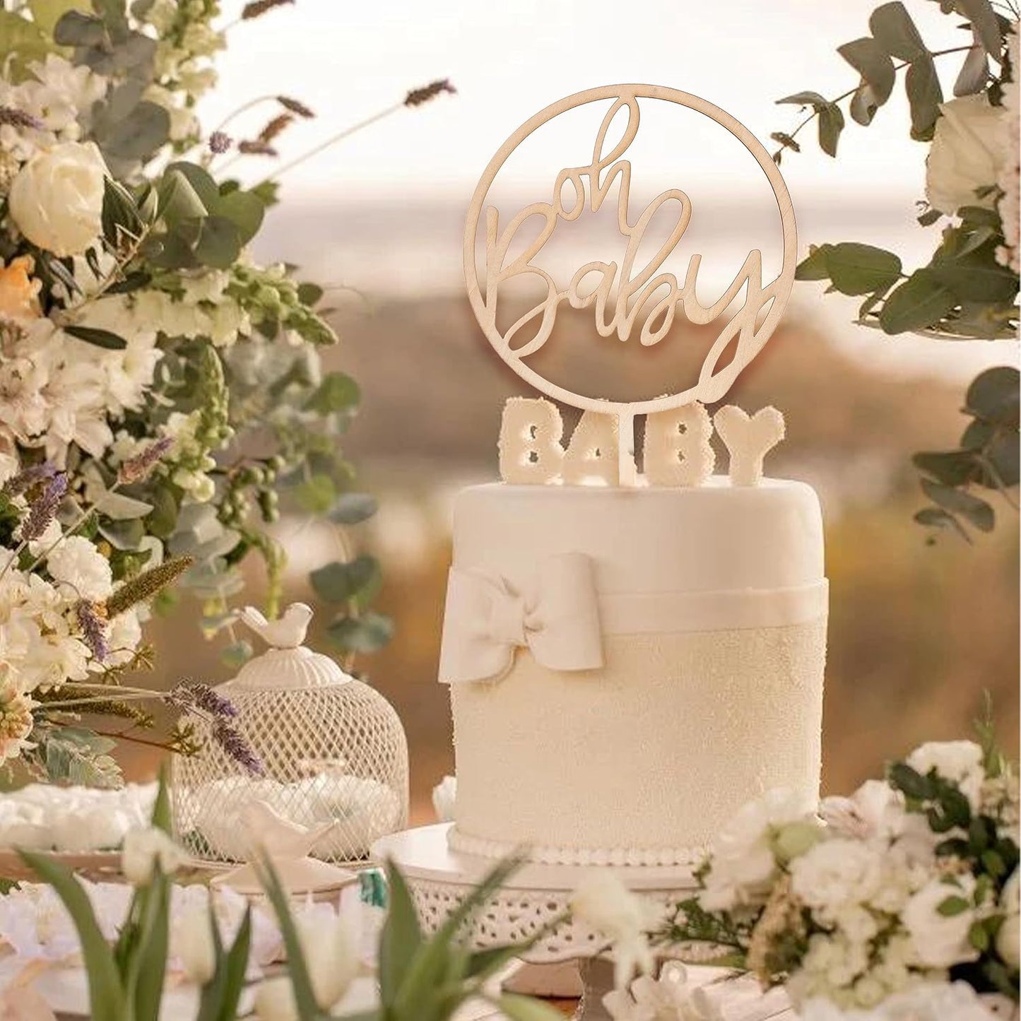 Oh Baby Wooden Cake Topper - Baby Shower Decoration,Gender Reveal Cake Doceration Supplies，Newtral Baby Shower Photo Props