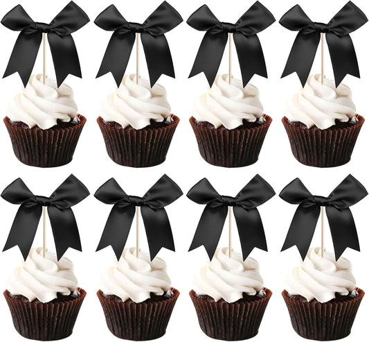 24 PCS Bow Cupcake Toppers Bowknot Cake Toppers Bow Cupcake Picks Bowknot Birthday Party Decorations Bow Cake Dessert Picks for Wedding Bridal Engagement Baby Shower Birthday Party Supplies Black