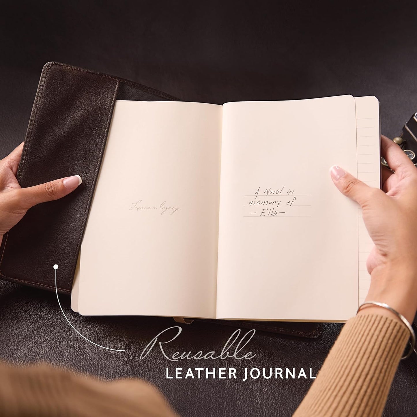 Luxury Leather Refillable Journal/Writing Notebook for Men & Women, Reusable Full-grain Leather Cover, 120gsm Thick Paper, Blank, Dotted, Lined Refills