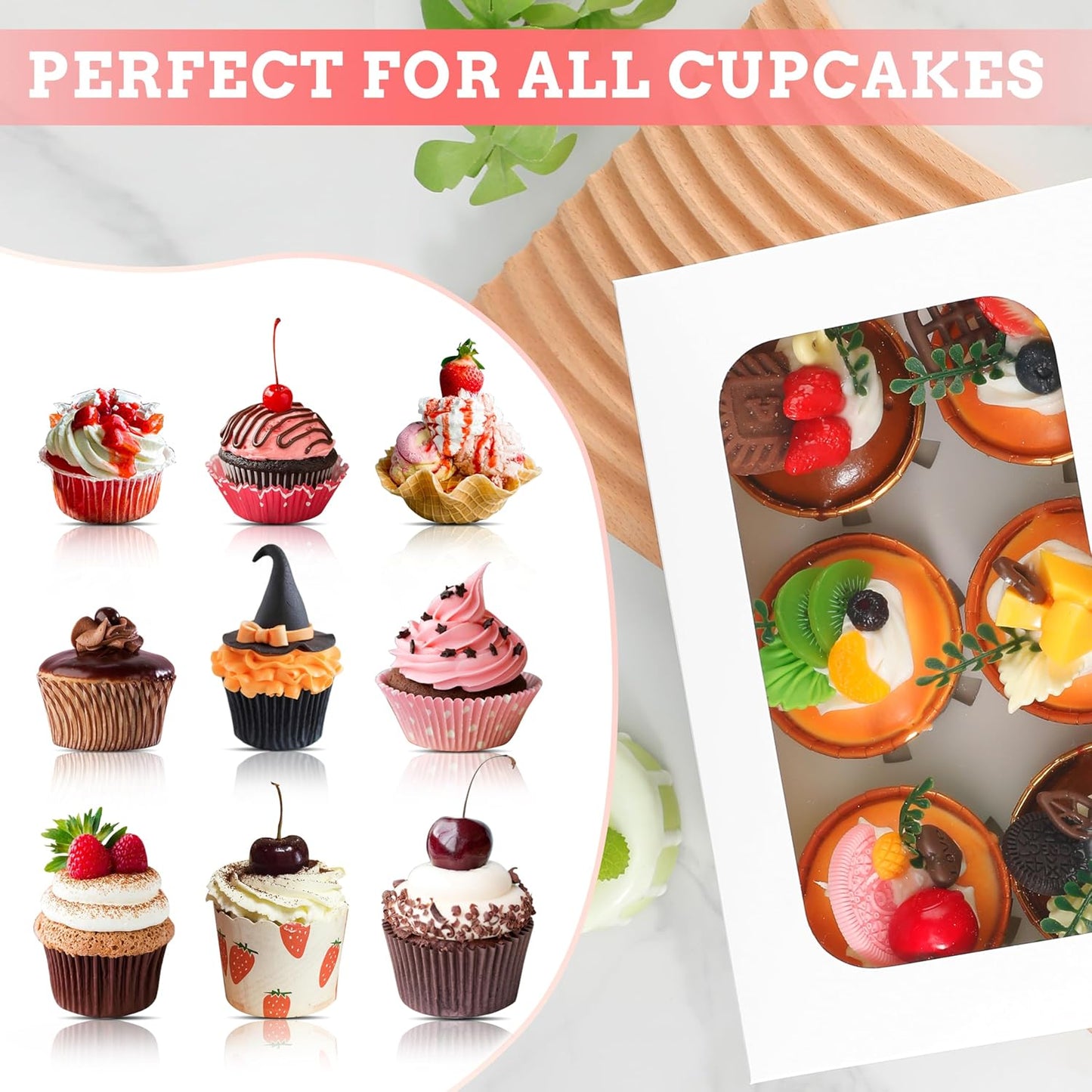 White Cupcake Boxes Holds 6 Standard Cupcake Container,50 Packs,Pastry and Bakery,9.4x6.1x3.14Inches Cookie Boxes with Window and Six Treat Holder for Birthday Holiday Party Bakery
