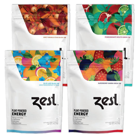 Zest Energy Tea Bags Variety Pack - High Caffeine Black & Green Tea Sampler - Caffeinated Coffee Altnernative/Substitute - Natural, Non-GMO & Keto Friendly - Hot or Iced - 80 Tea Bags - 135-150mg Caf