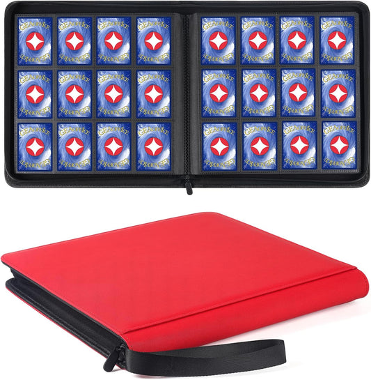 GEAoffice 12 Pocket Trading Card Binder for 720 Cards, Sturdy PU Cover Side Loading Zipper Collection Binder Album for MTG, TCG, Game & Sports Cards, Ringless, Non-PVC, Red
