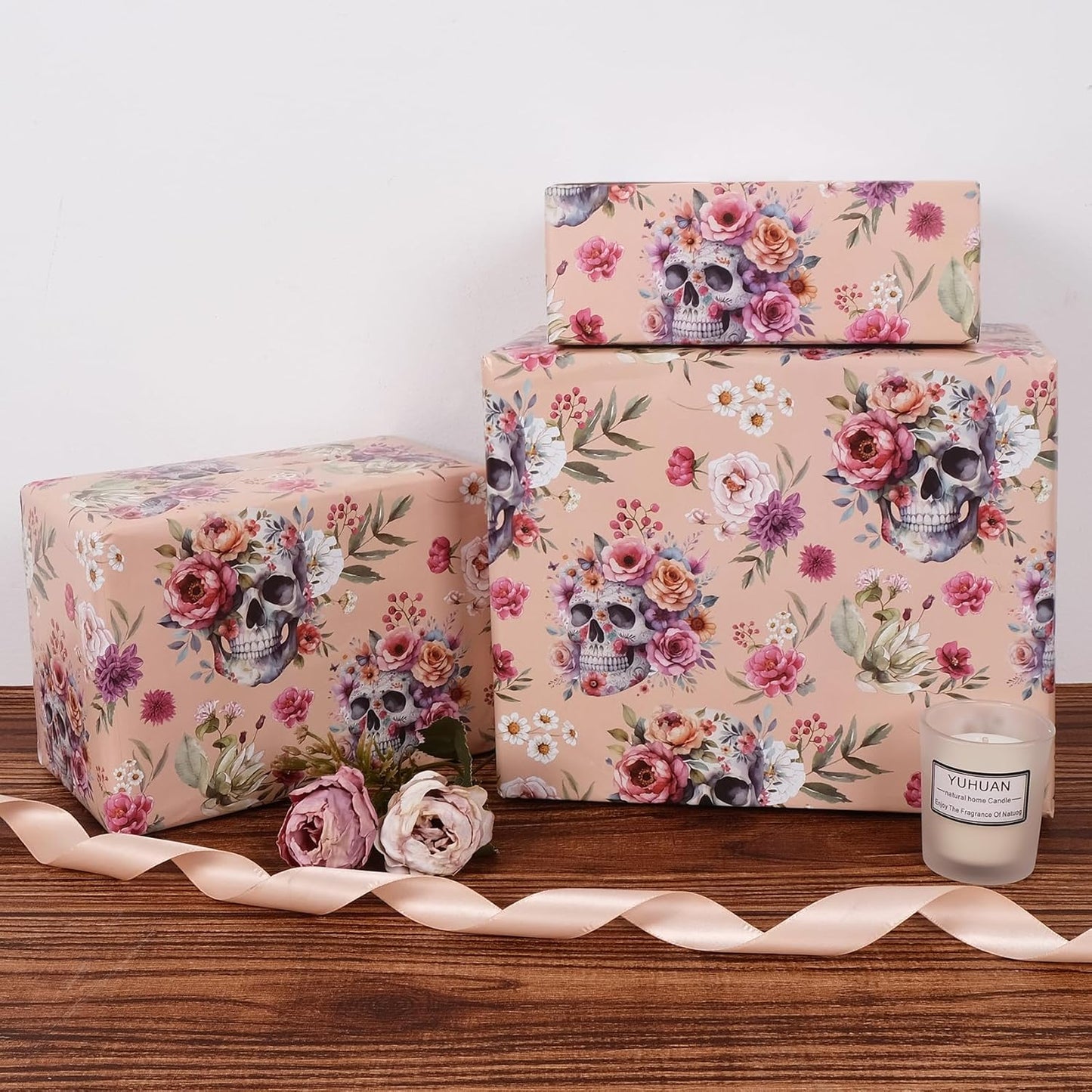 Aimyoo Gothic Wrapping Paper Roll, 17 Inch X 16.5 Fee Skull Floral Berry Design Gift Wrap Paper for Mother's Day, Birthday Bridal Shower